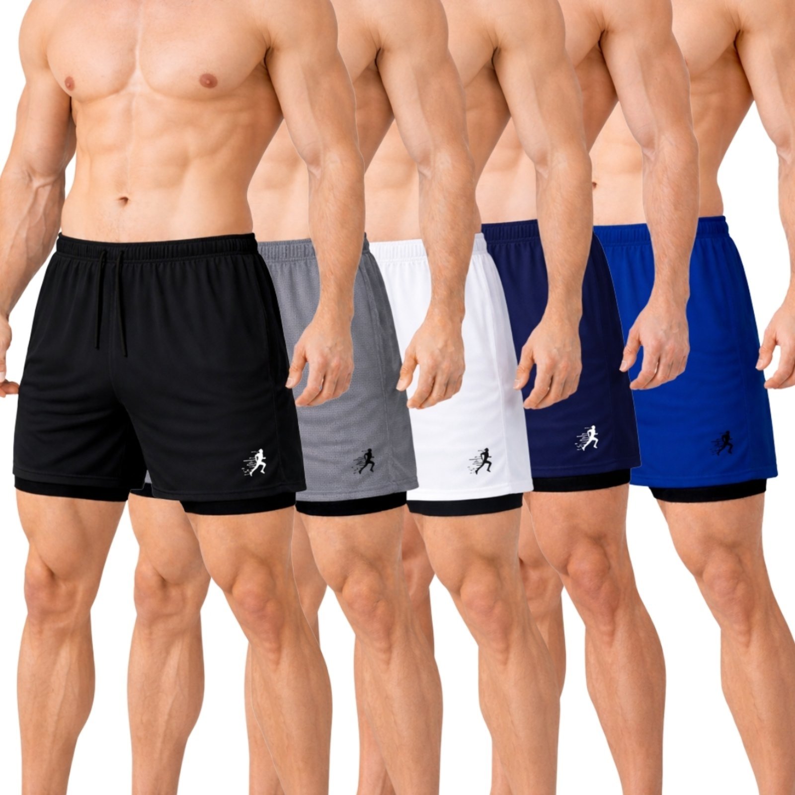 Kit 5 Short Treino Dry Fit Térmico 2 em 1 Estampado com Bolso para Celular e Porta-Toalha Calção Fitness Academia