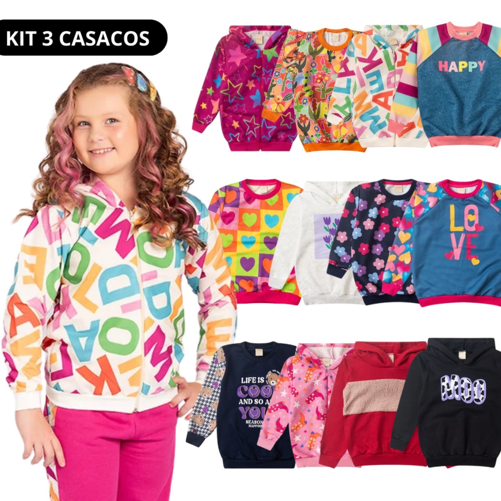 Vista 2 Infantil - Kit 3 Casacos Molekada Menina Sortido em Moletom Felpado multicolorido Molekada multicolorido