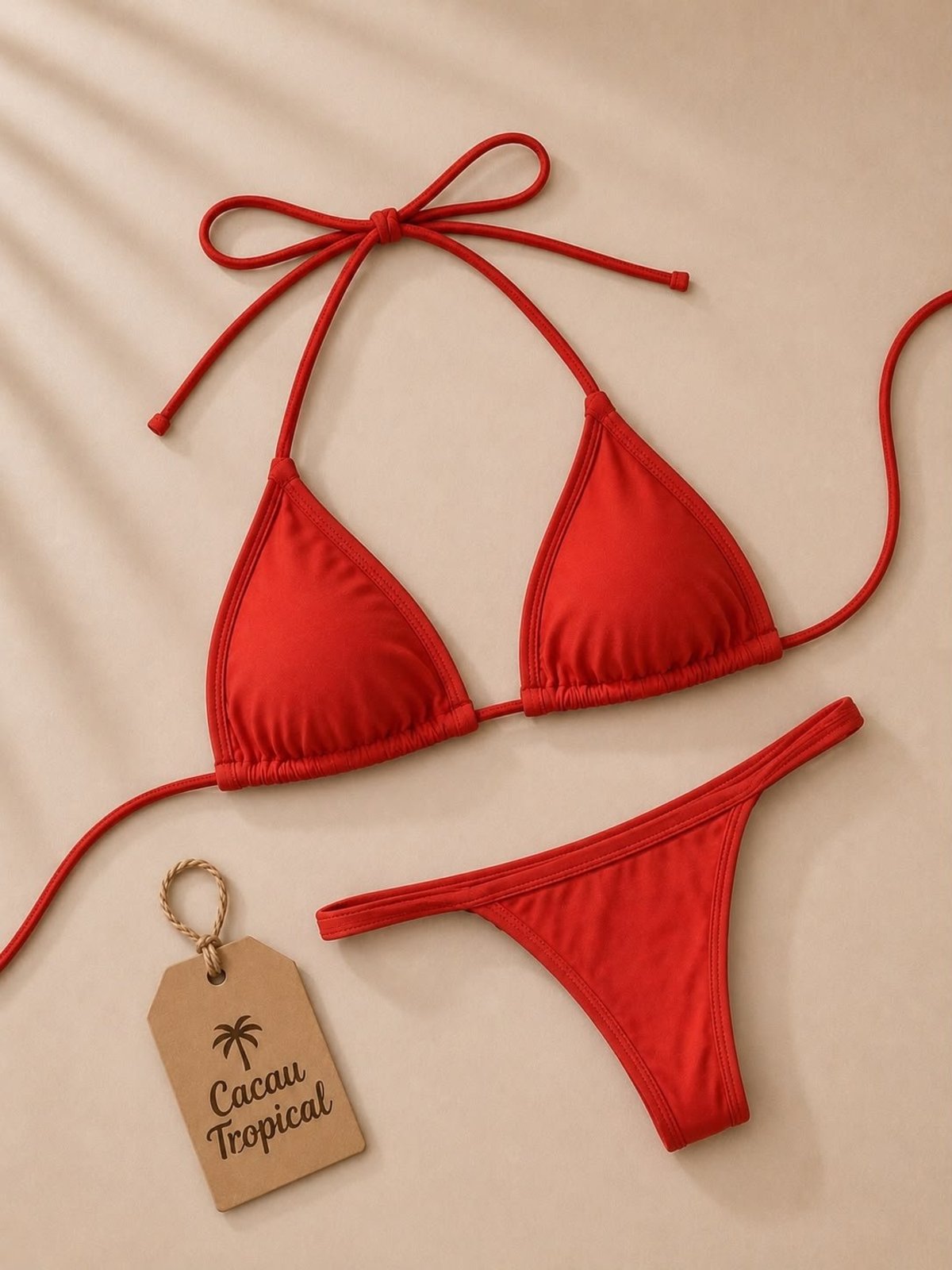 Biquíni Vermelho Feminino Cacau Tropical Top Cortininha com Calcinha Fita para Bronzeamento Moda Praia