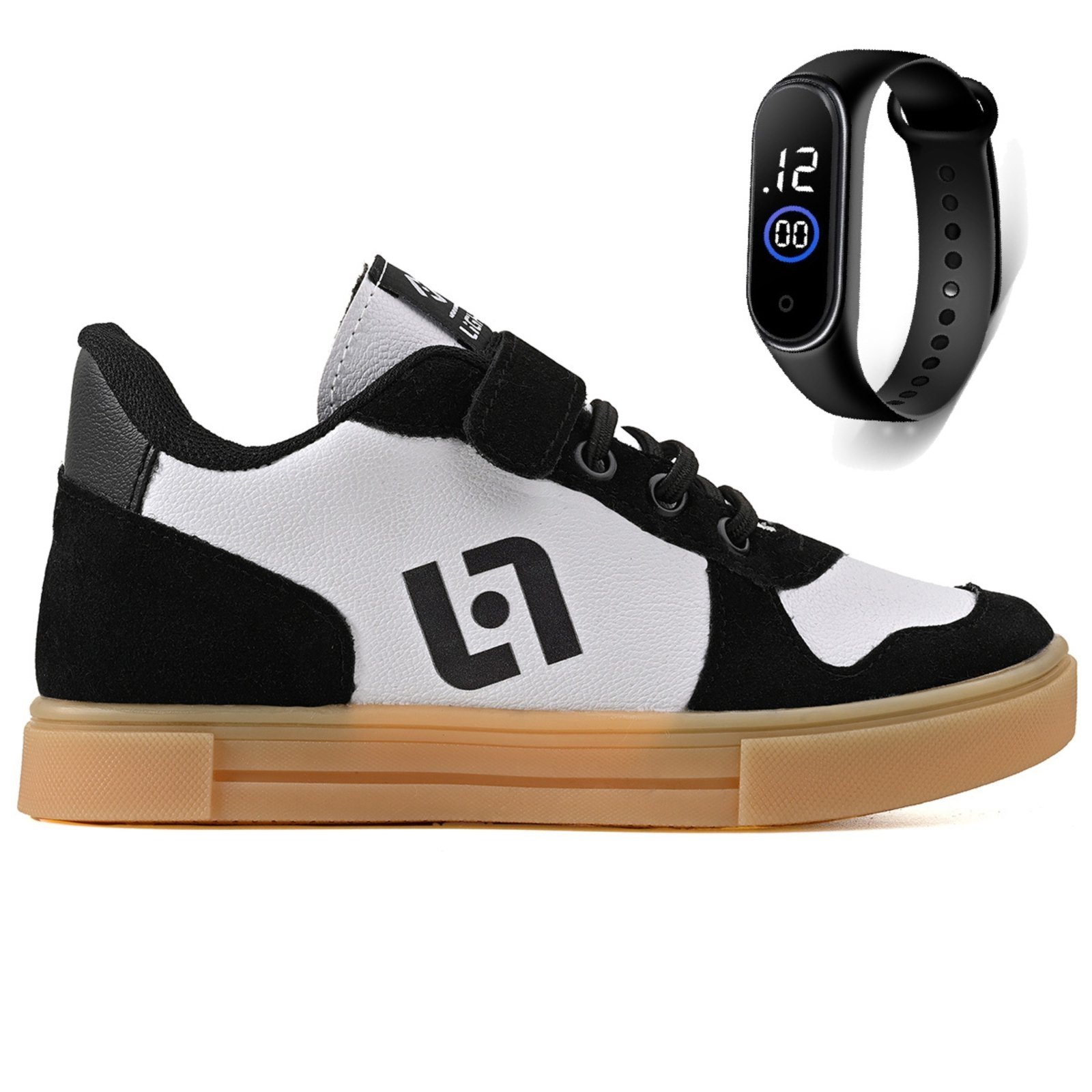 Infantil – Tenis Casual Meninos Street Escolar Confortavel Preto e Branco + Relogio