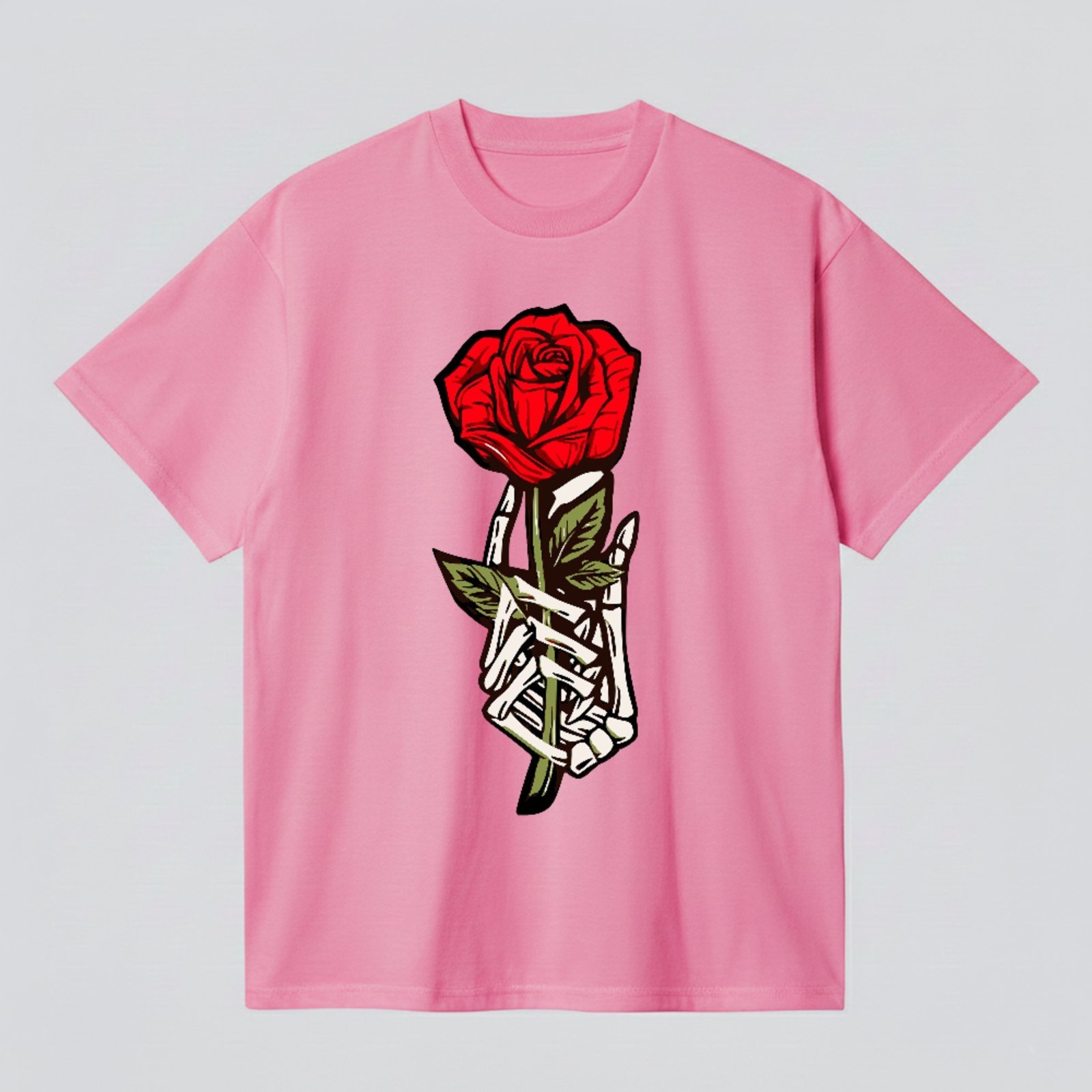 Camiseta Básica Red Rose Skeleton Hand Dark Aesthetic Style Rosa