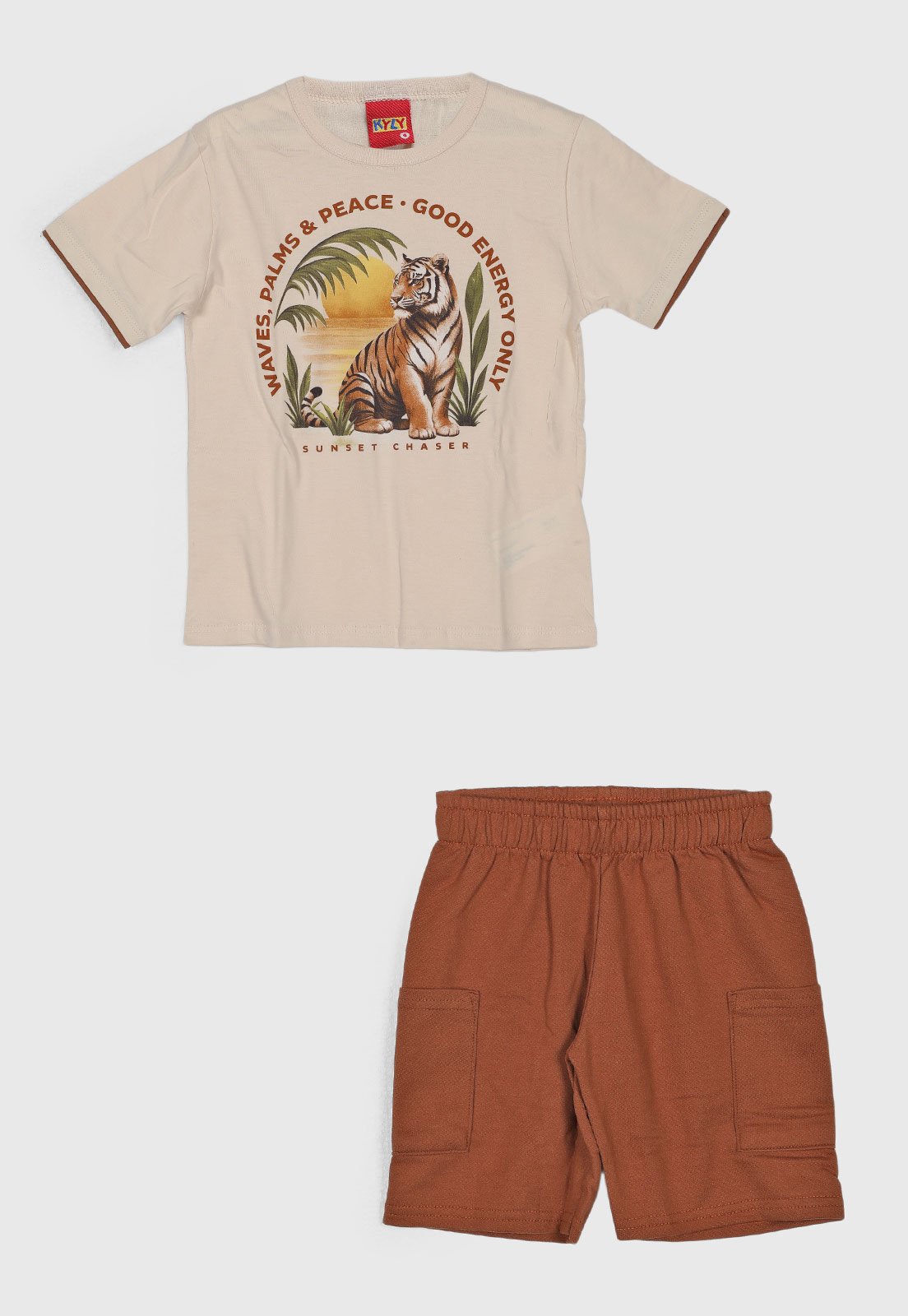 Infantil - Conjunto Kyly Camiseta Estampa Tigre Bege e Short