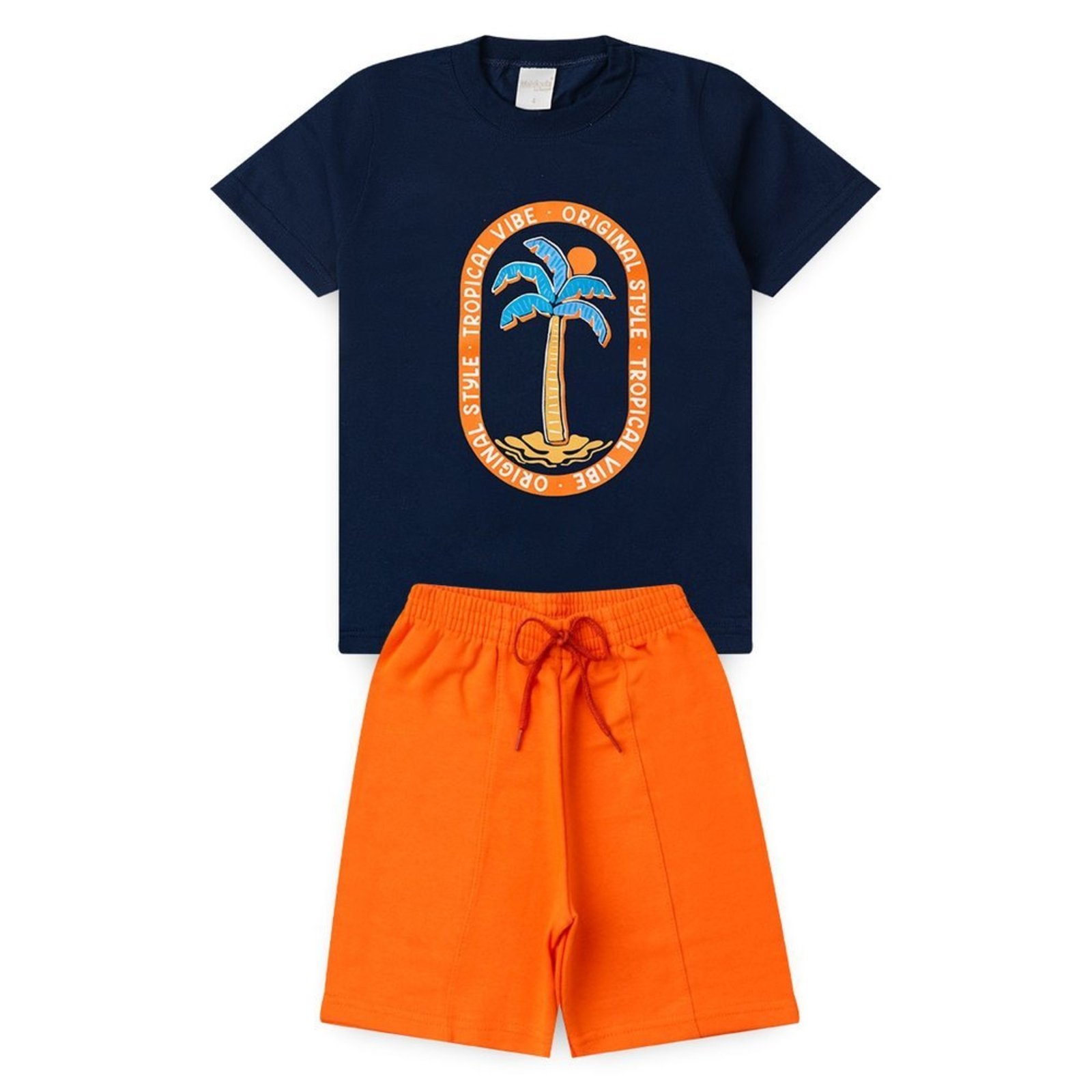 Infantil - Conjunto Verão Menino Marinho Camiseta e Bermuda com Recorte Tropical Vibe