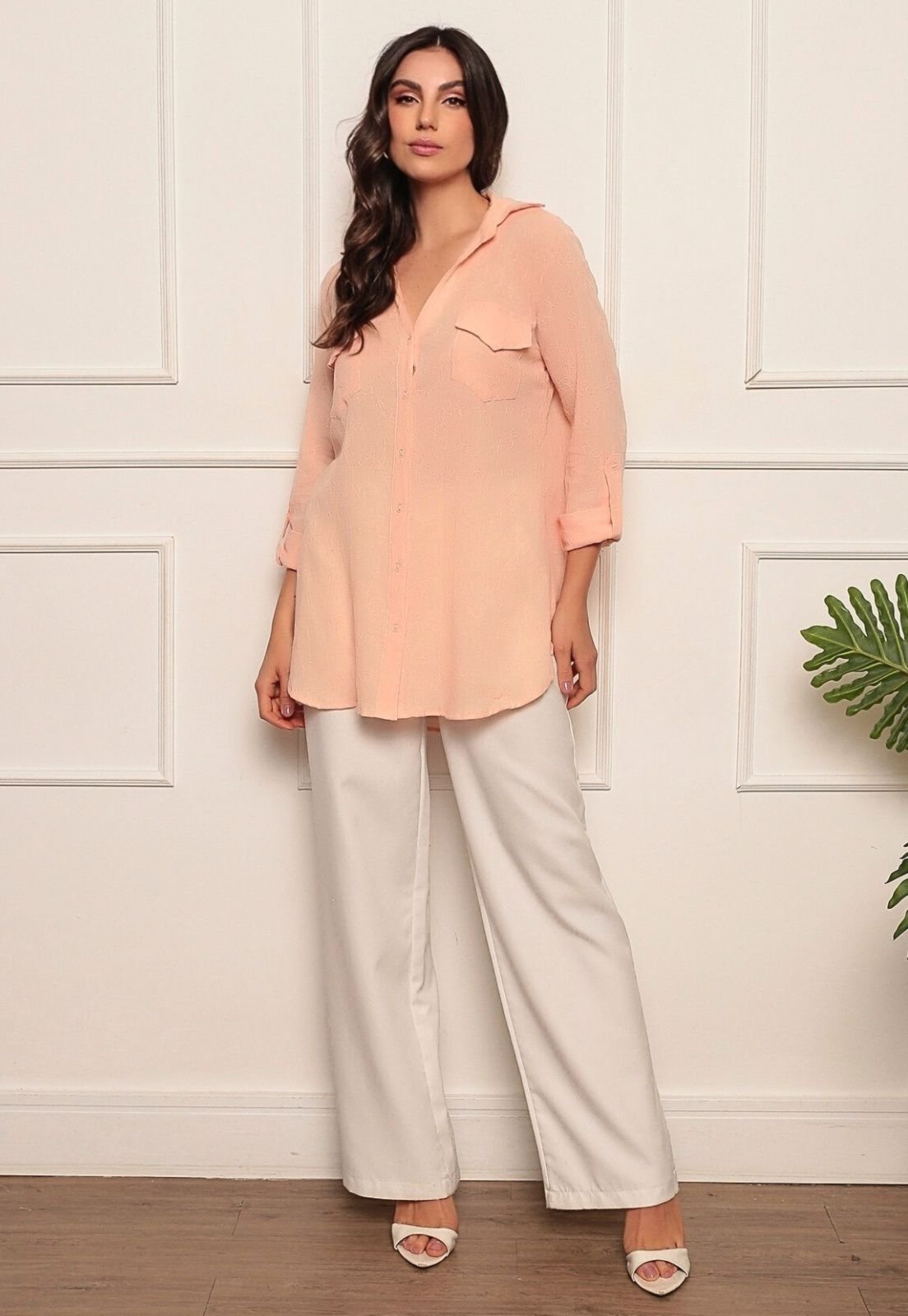 Vista 3 Camisa Feminina Manga Longa Tentecion Casual Algodao Premium Bolso Frontal Pessego NKTEX coral NKTEX coral
