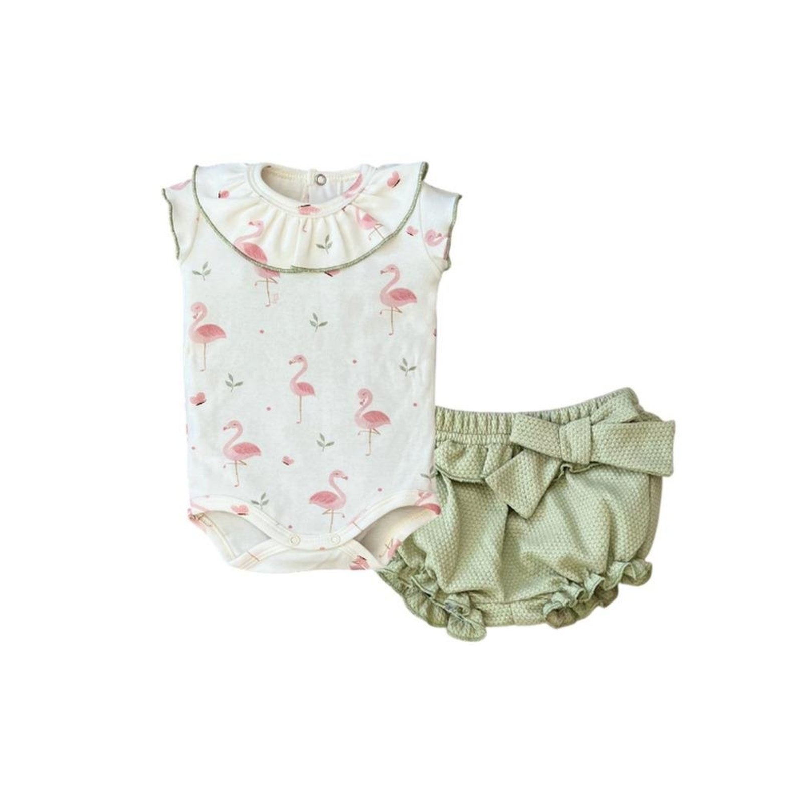 Infantil - Conjunto Feminino Body Flamingo e Shorts Bloomer Tilly Baby Branco Bufante Verde G Verde