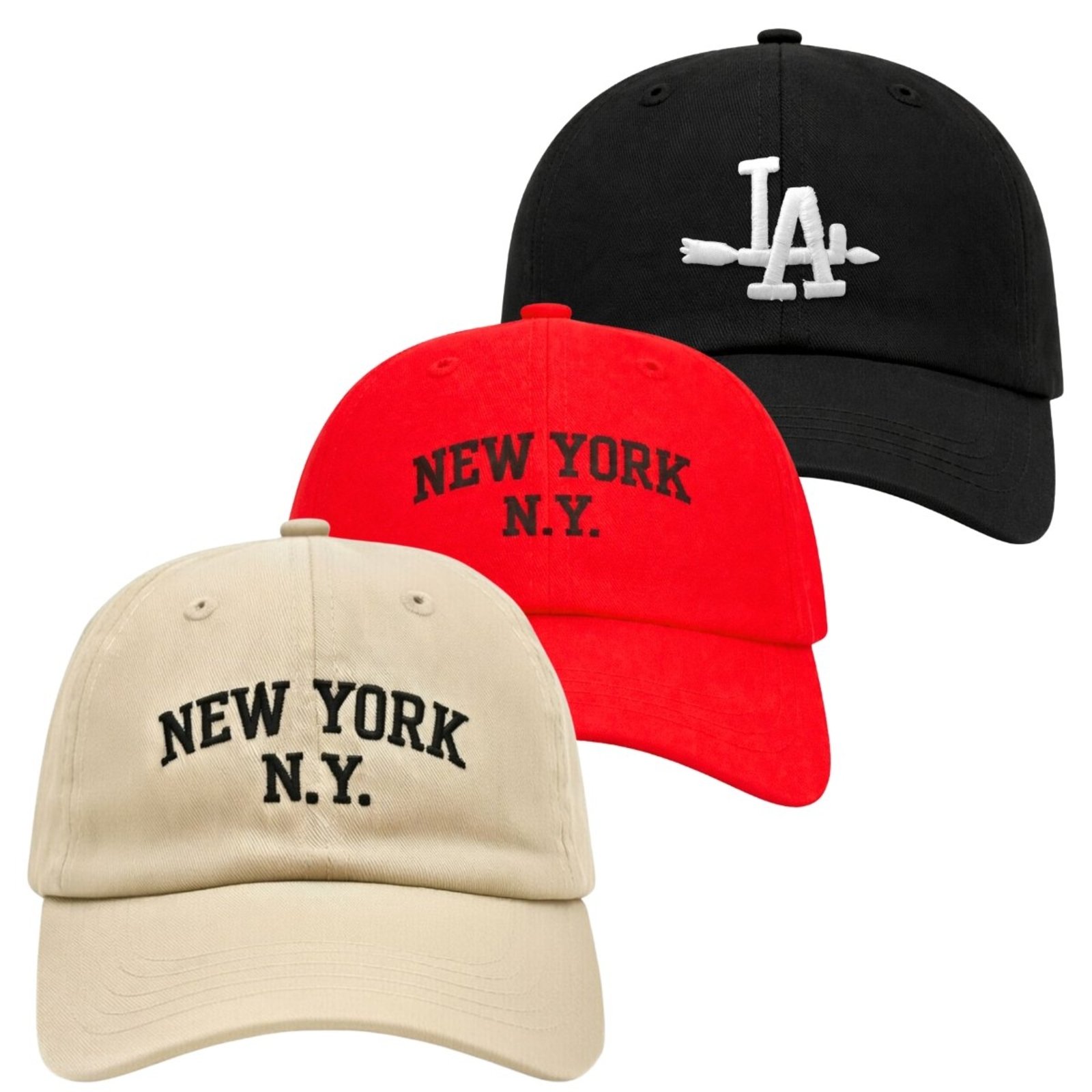 Kit 3 Bonés Bordado Aba Curva com Ajuste Relaxado Moderno NY LA Bordado
