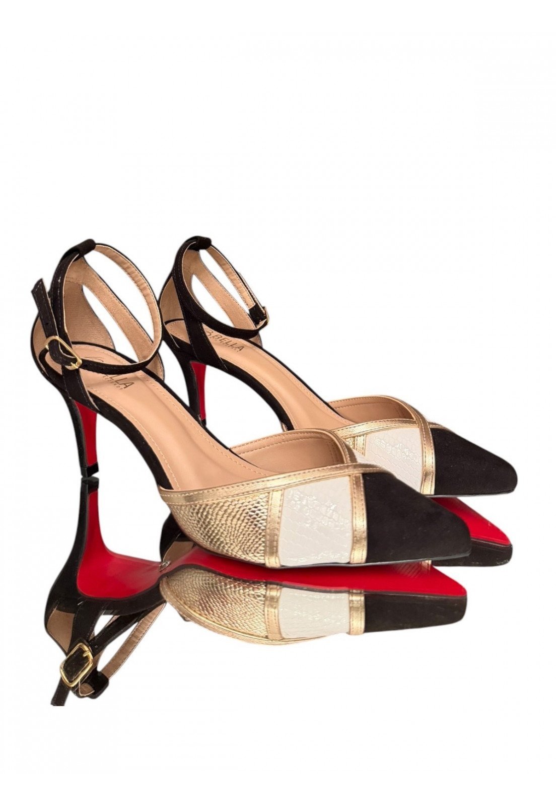 Scarpin Tricolors Preto, branco e dourado Salto 7 cm sola vermelha