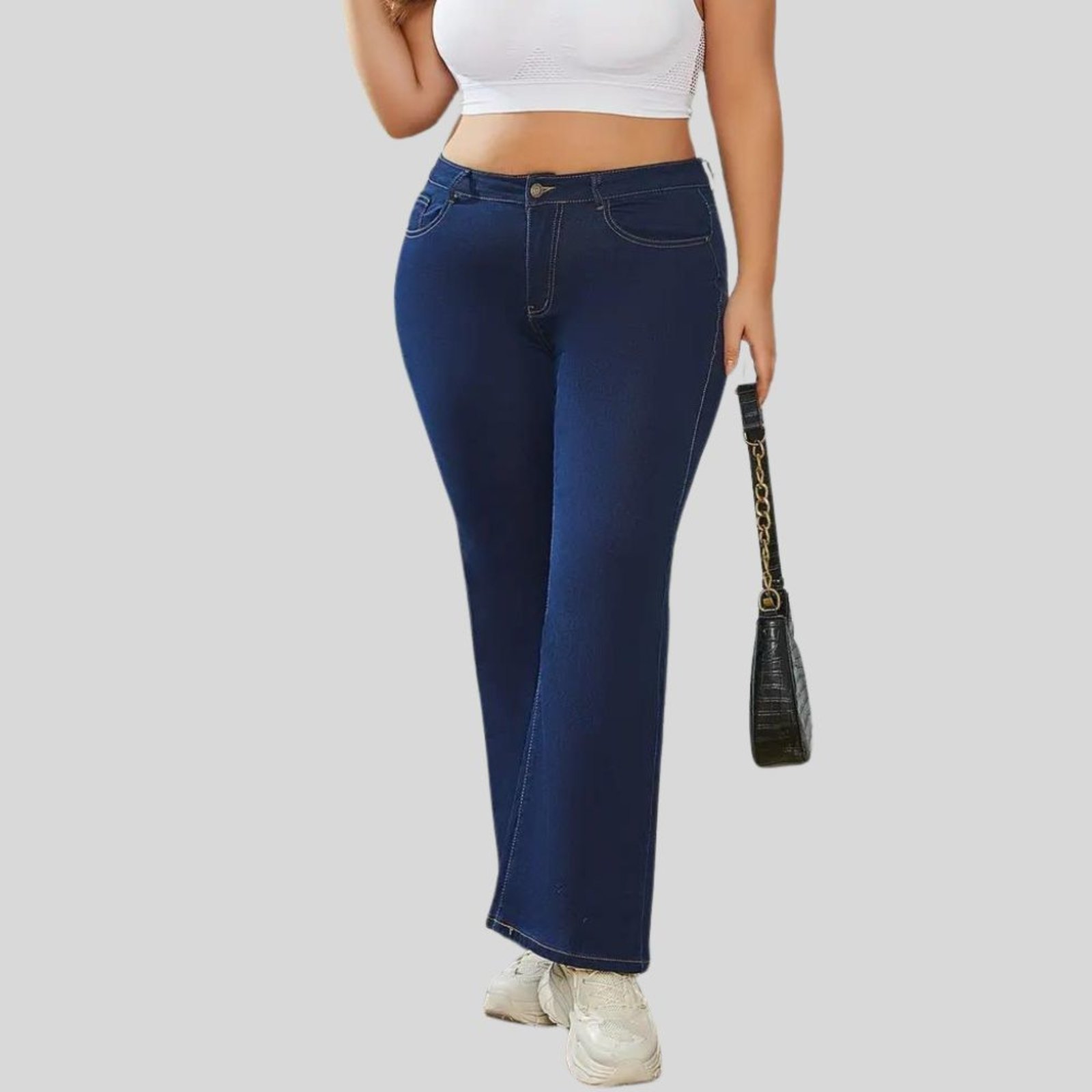Calça Flare Plus Size Jeans Feminina Tex JEans Boca de Sino Cintura Alta Modeladora com Elastano Azul Escuro