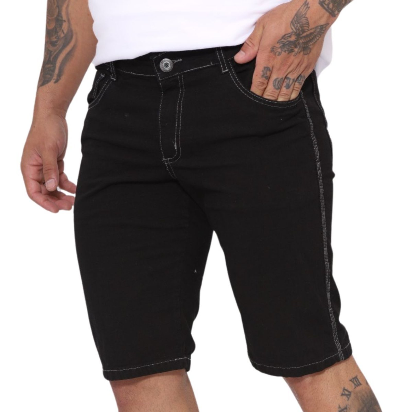 Bermuda Masculina Alleppo Jeans Preta Com Destaque em Linha Branca