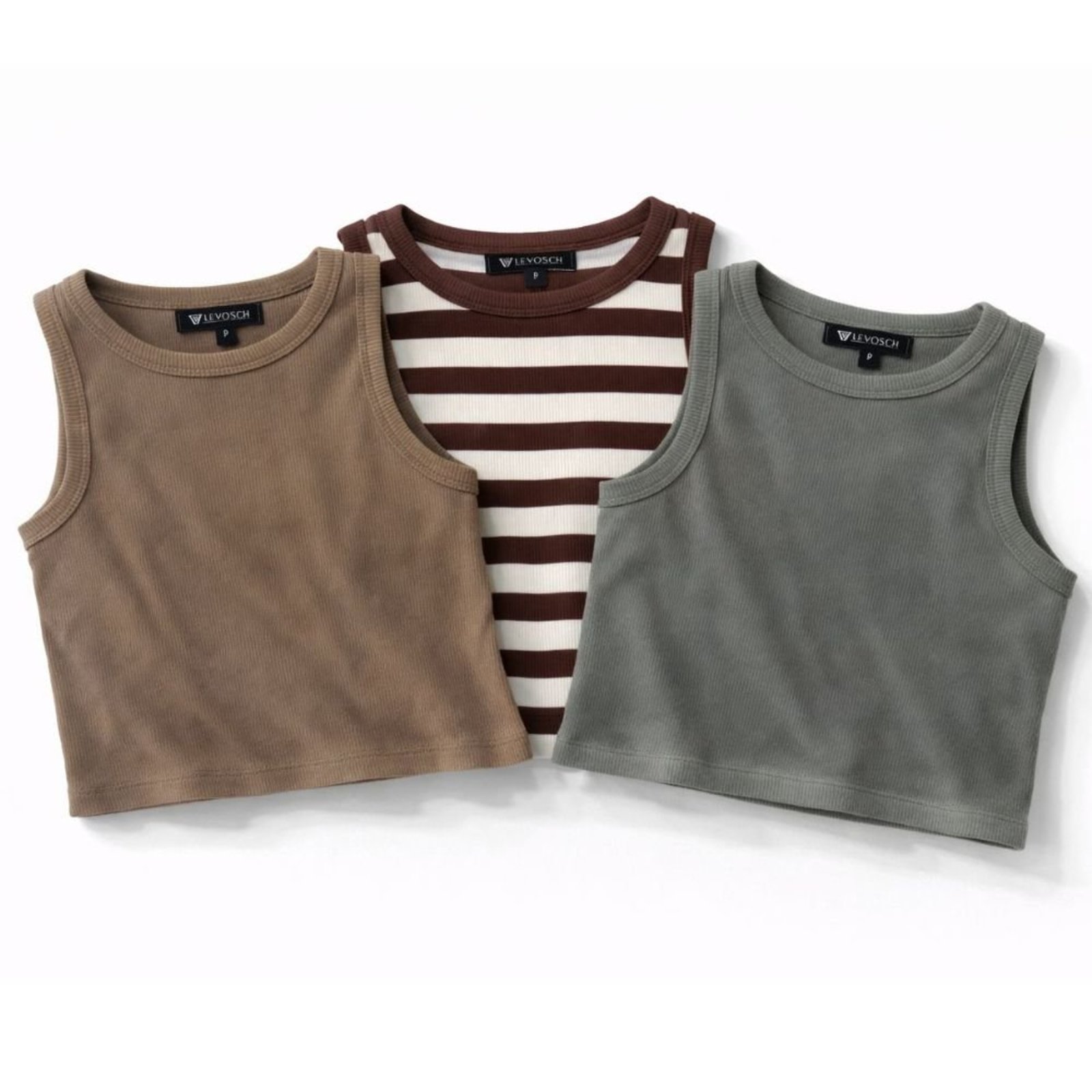 Kit 3 Blusas Feminina 77VS Levosch Cropped Ribana Algodão Premium Nude/Marrom listrado/Cinza escuro