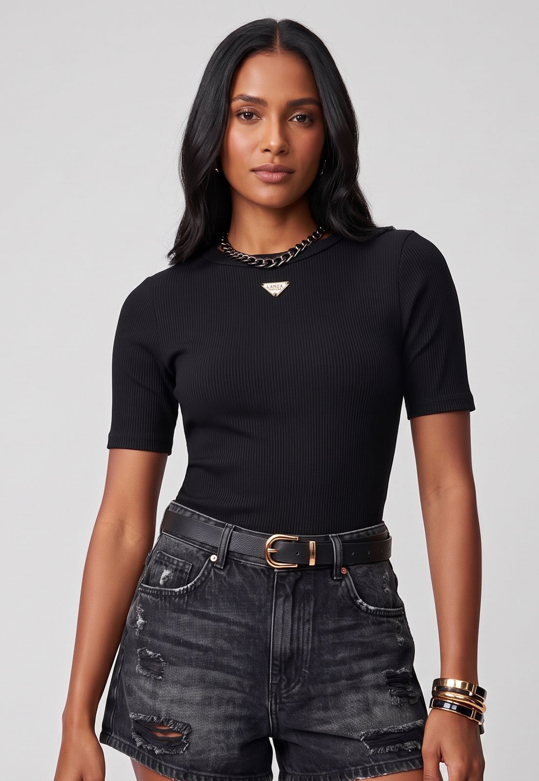 Blusa Feminina Lança Perfume Canelada Manga Curta Preta