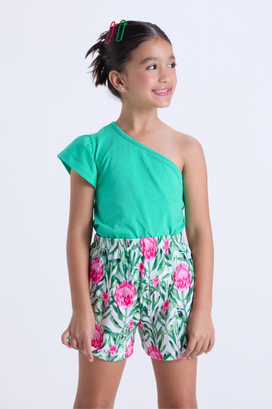Vista 3 Infantil - Conjunto Verão Feminino Ombro Único Floral VIDA COSTEIRA off-white VIDA COSTEIRA off-white