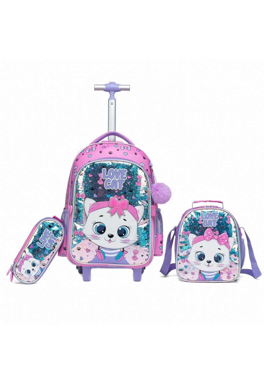 Infantil - Kit Mochila Rodinhas Estojo Lancheira Menina Resistente Espaçosa
