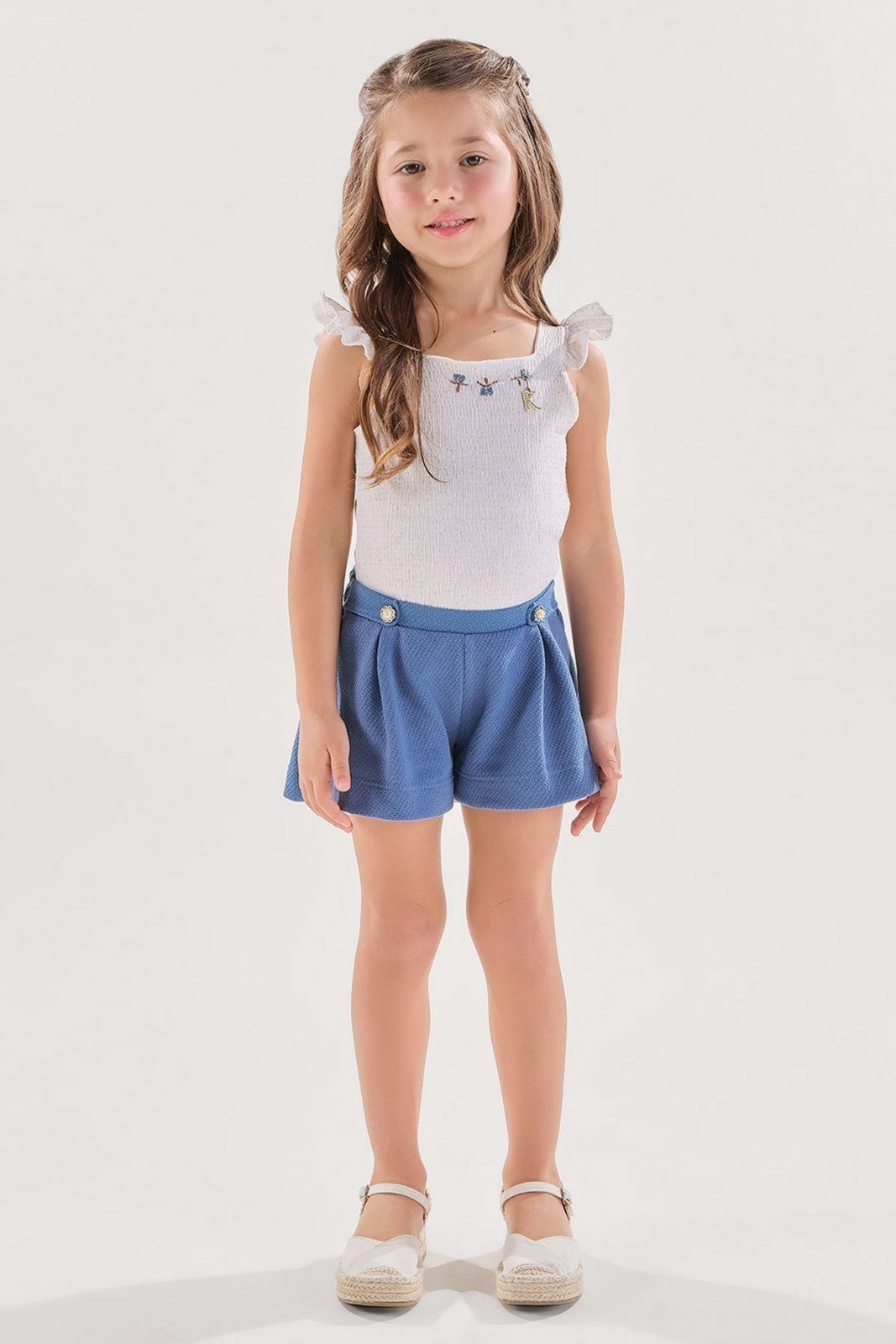 Infantil - Conjunto Blusa Azul em Malha Texturizada com Shorts em Tricot