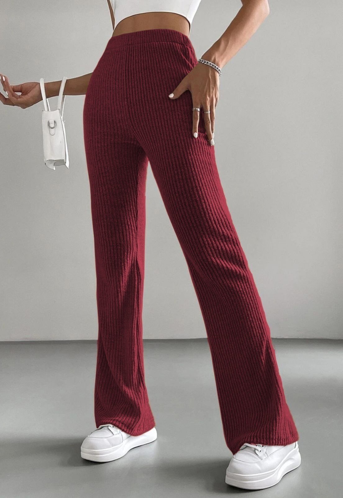 Calça Flare WLS Modas Cotelê Veludo Grossa Cós Alto Cintura Alta Vinho