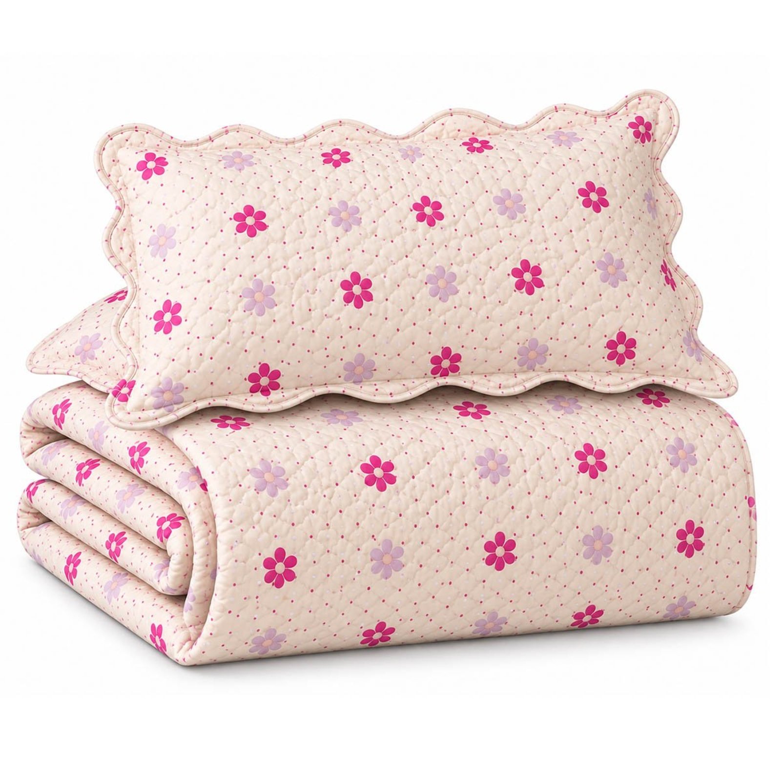 Kit Cobre Leito Solteiro Aquarela 2 Peças Colcha Estampado Floral Florzinhas Bege