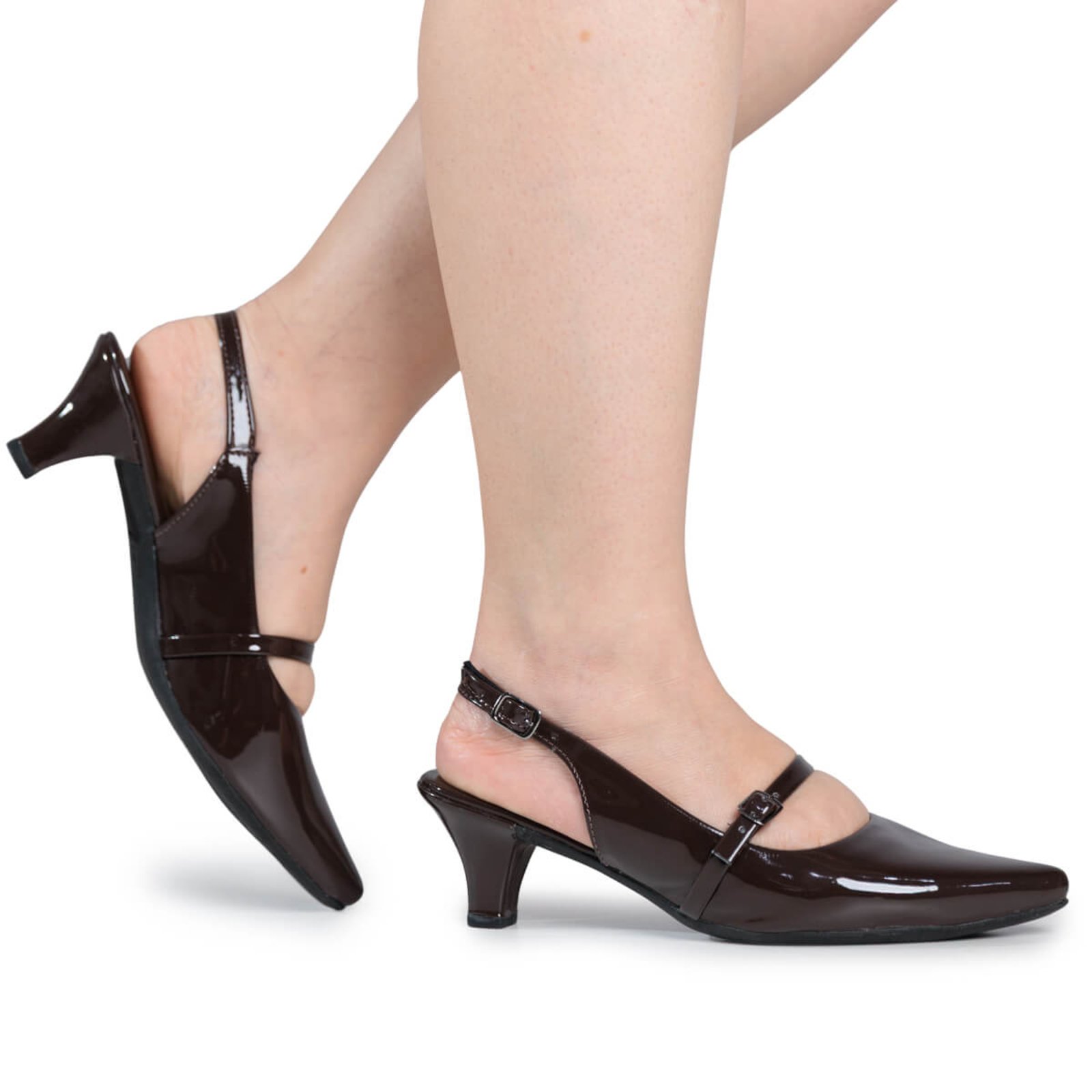 Vista 3 Scarpin Slingback Sapato Feminino Salto Fino Bico Fino Social Confortável Via Angel 9501. Verniz Machiato marrom VIA ANGEL marrom