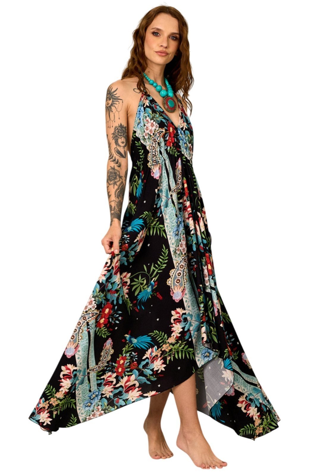 Vestido Longo Frente Única Preto Estampa Paisley Yacamim D27 – Estampado