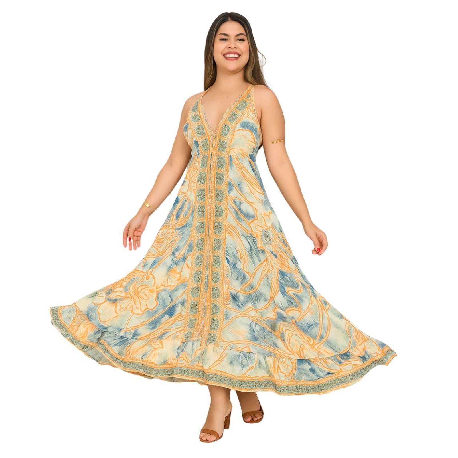 Vestido Lenço Indiano FMF Longo Costas Abertas Premium Bege