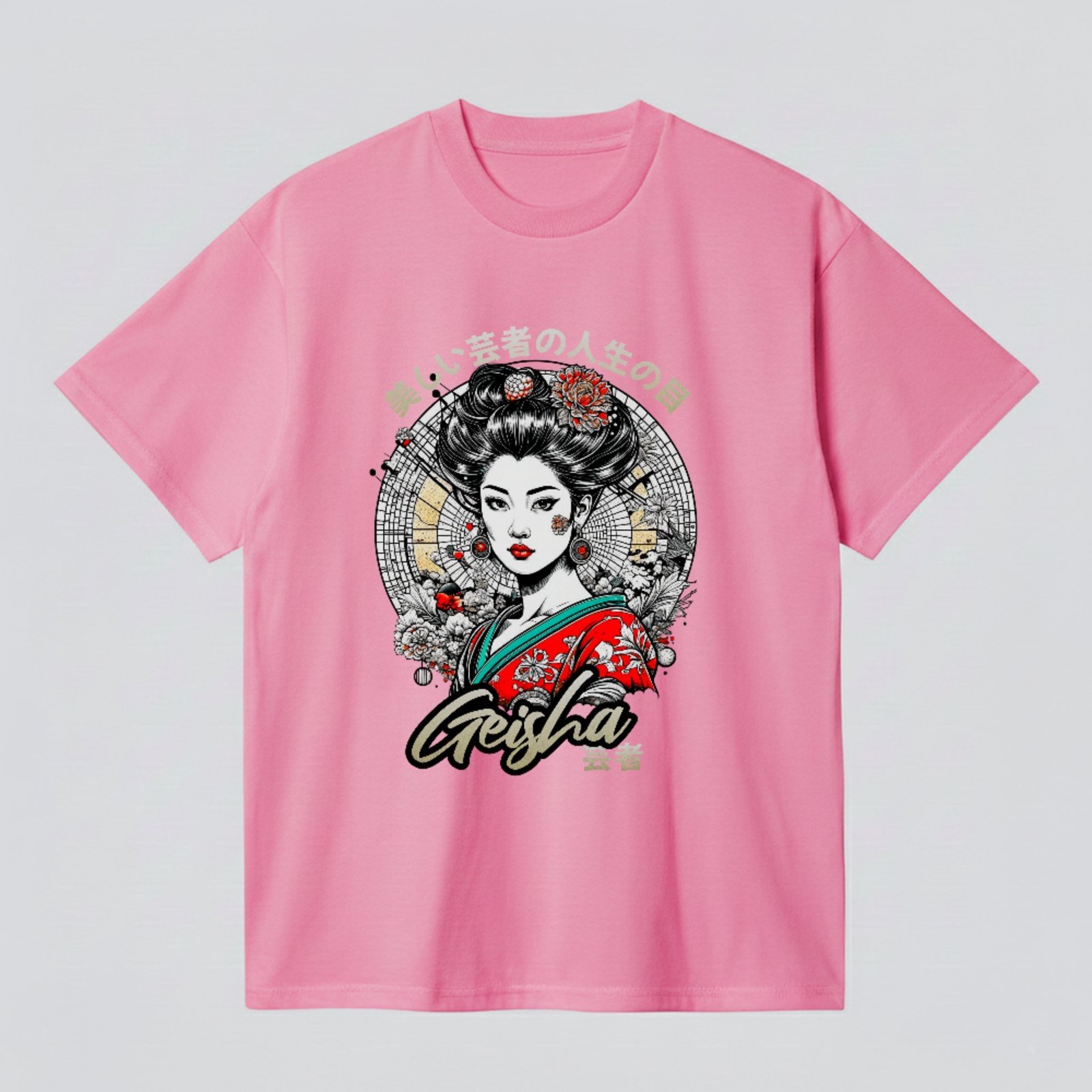 Camiseta Básica Geisha Japan Style Estampa Unissex Rosa