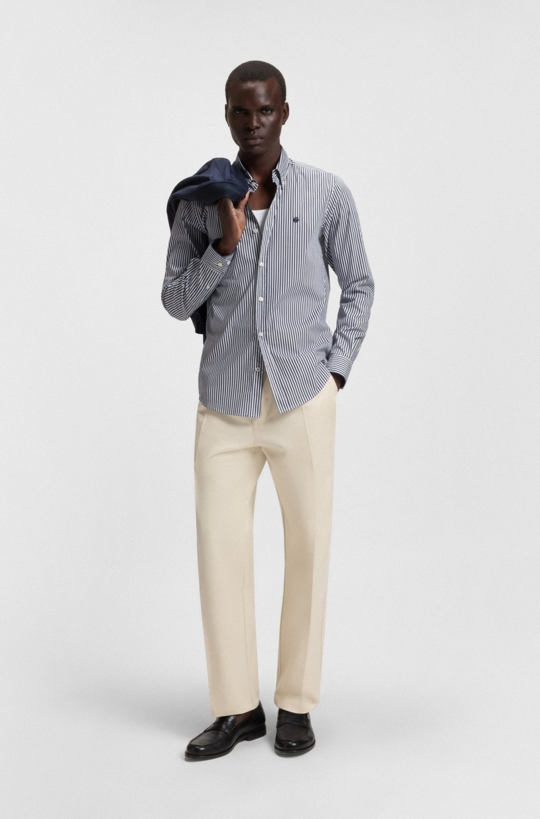 Vista 3 Camisa De Ajuste Slim Numa Mistura De Algodão Às Riscas azul azul