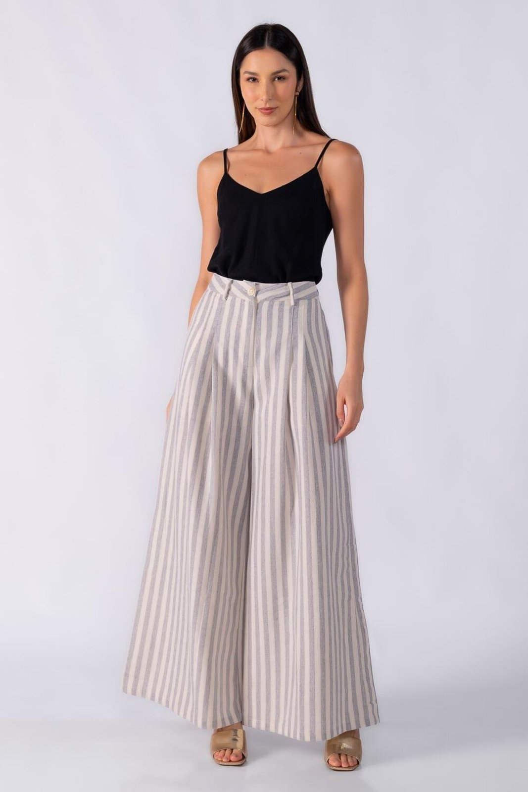 Calça pantalona ampla linho listrada Cinza