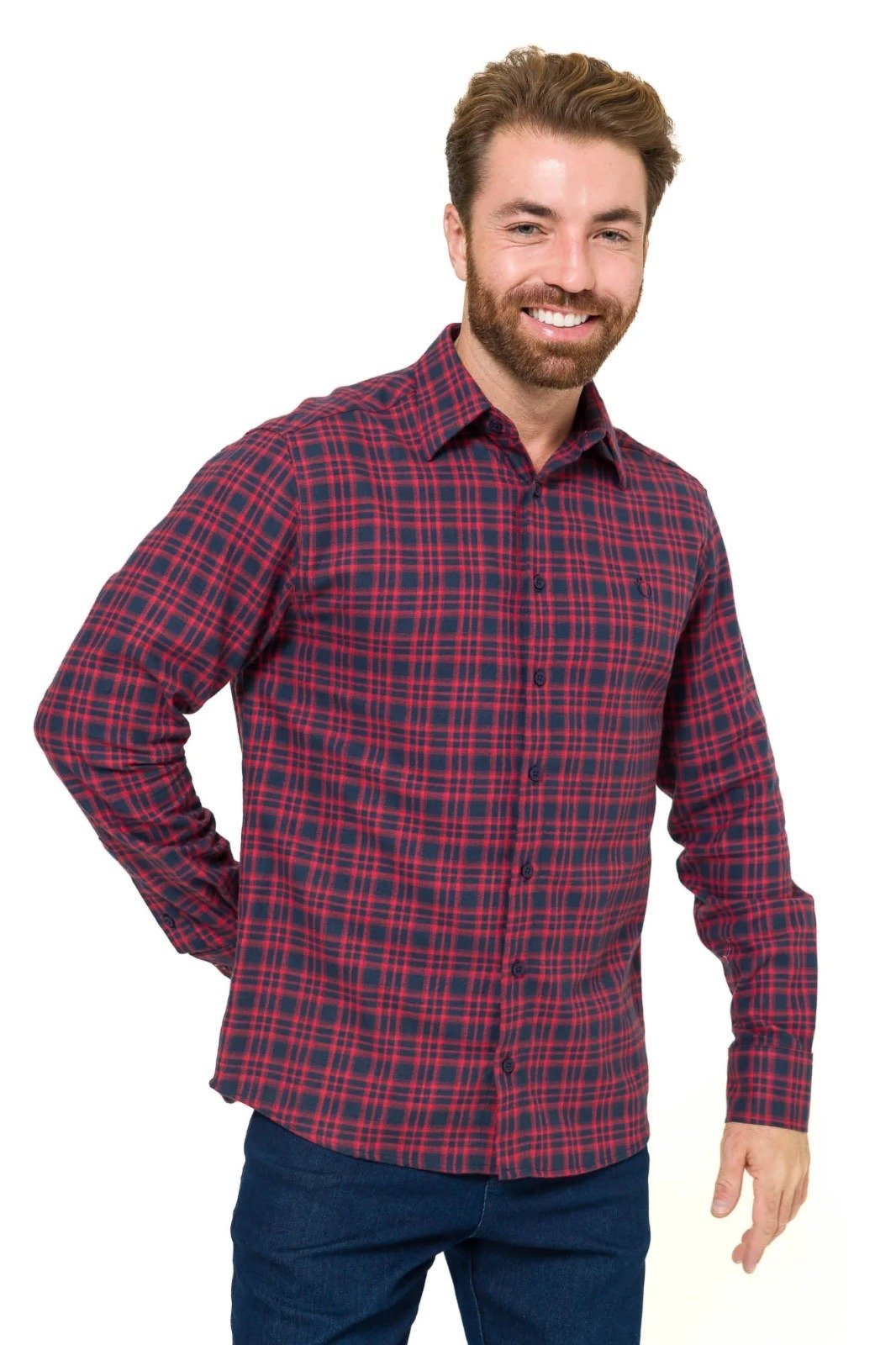 Camisa de Flanela Masculina Olimpo Clássica Xadrez Marinho com Vermelho