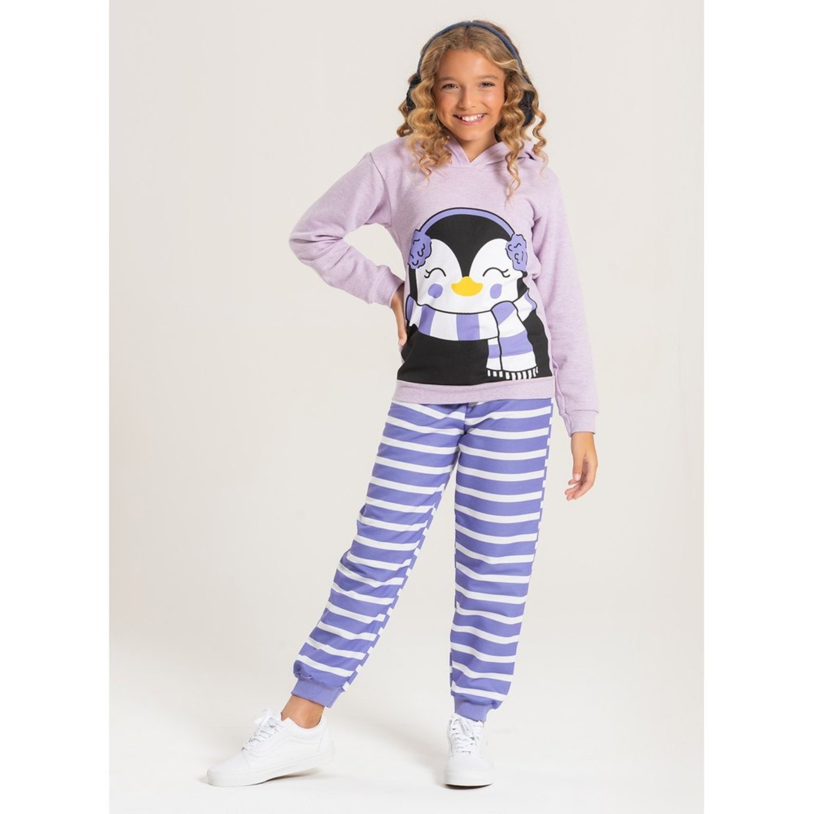 Infantil – Conjunto Inverno Menina Lilás Blusão com Capuz e Calça em Moletom Pinguim