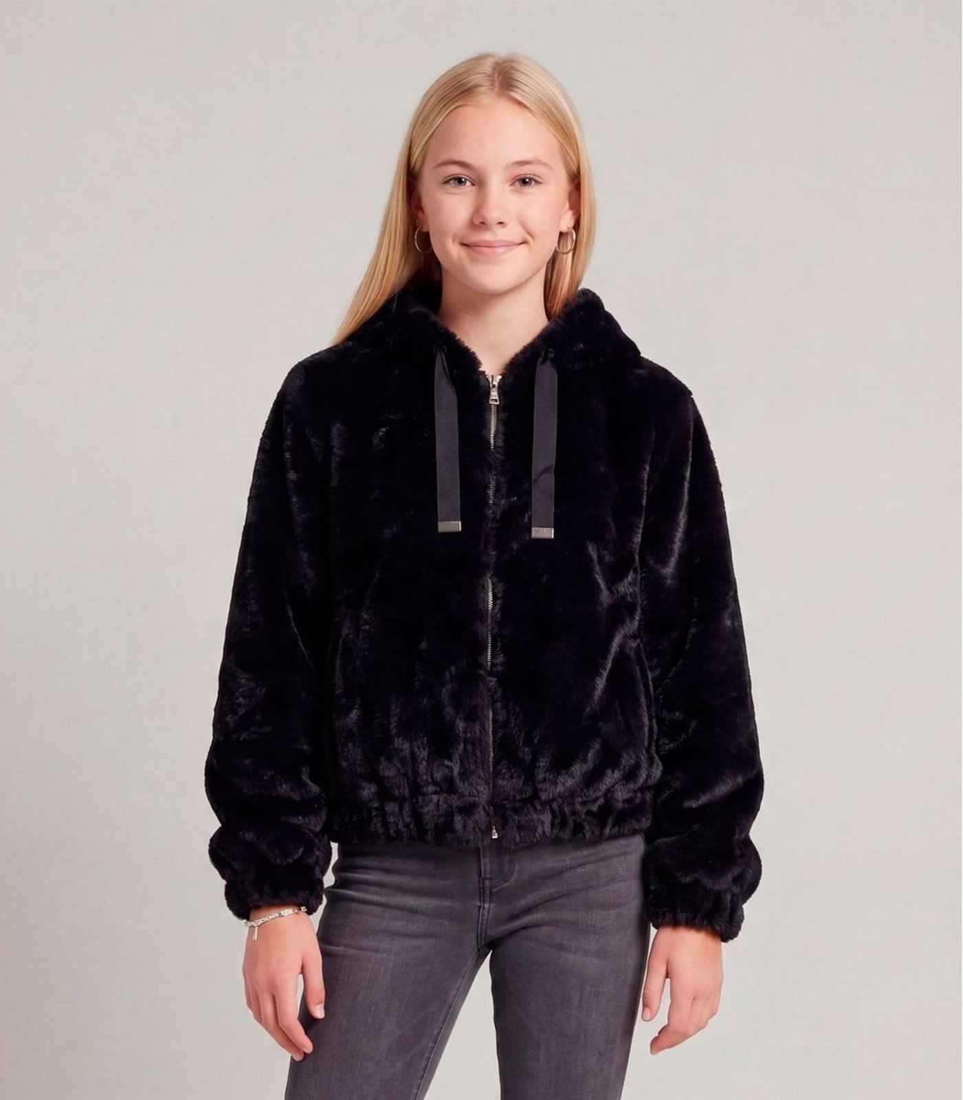 Infantil - Jaqueta Juvenil Em Pelo Safira Com Capuz Minty Preto
