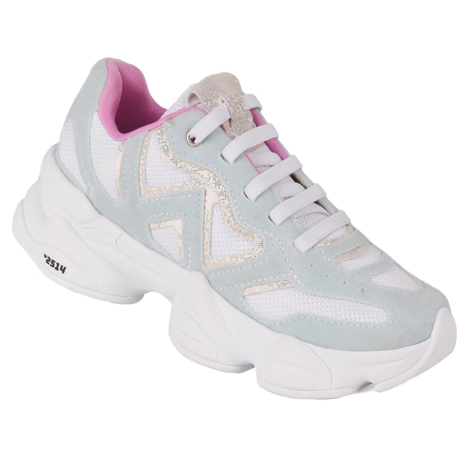 Tênis Feminino WorldColors ChunkySolado Alto e Brilho Holográfico -Azul/Rosa