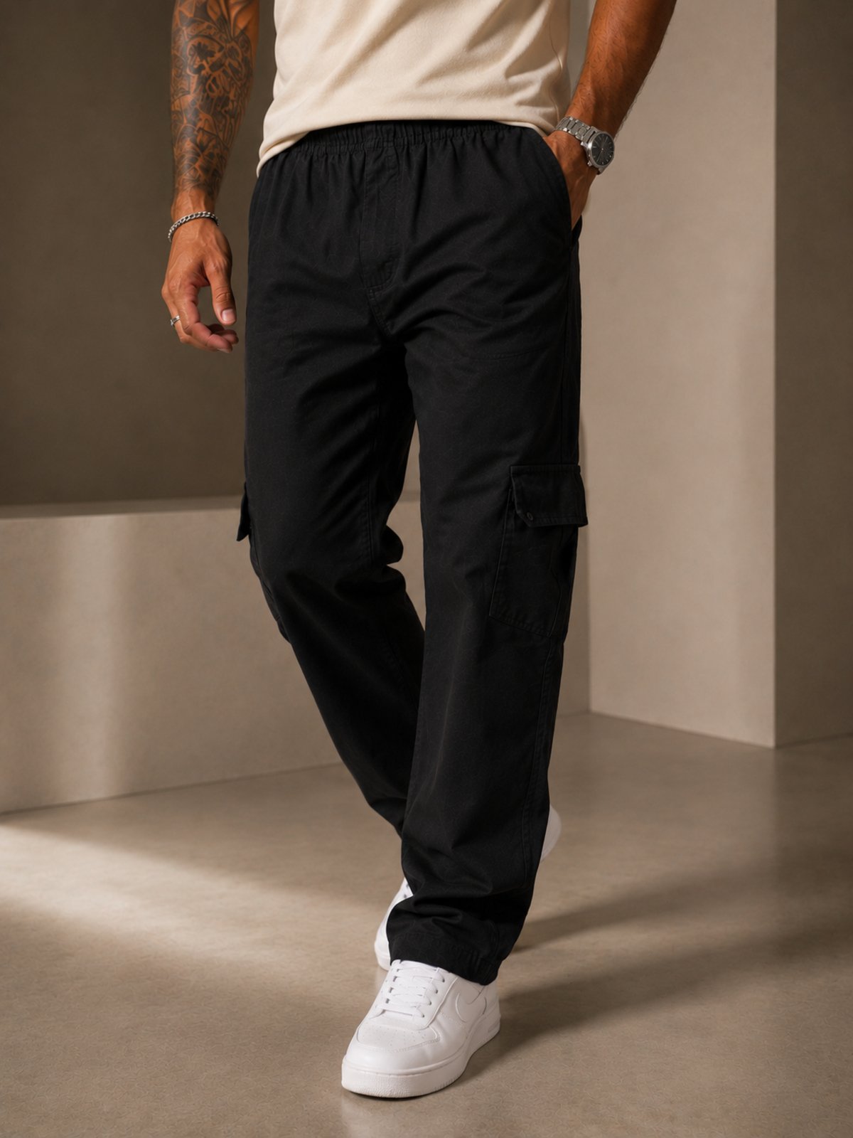 Calça Cargo Masculina Preta Yellow Jeans Premium Casual Confortável Elástico na Cintura Bolsos Laterais
