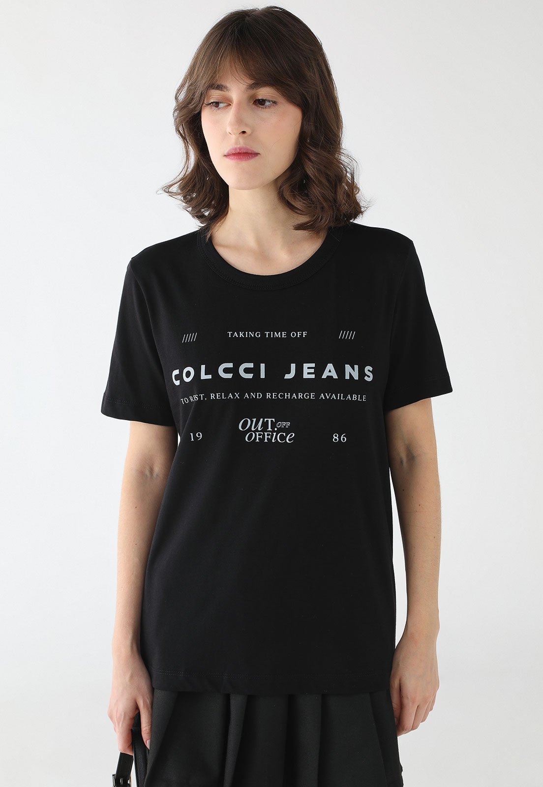 Camiseta Feminina Colcci Jeans Estampa Frontal Preta