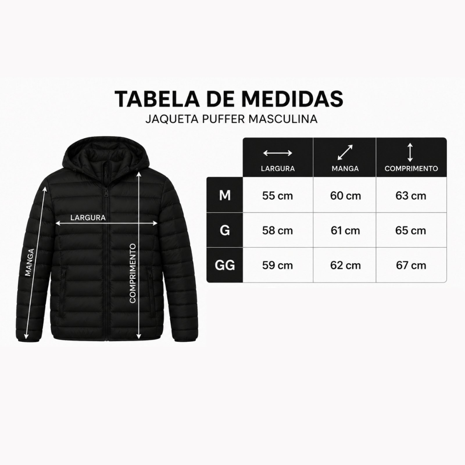 Jaqueta Puffer Masculina Capuz Inverno Impermeável Preta Preto