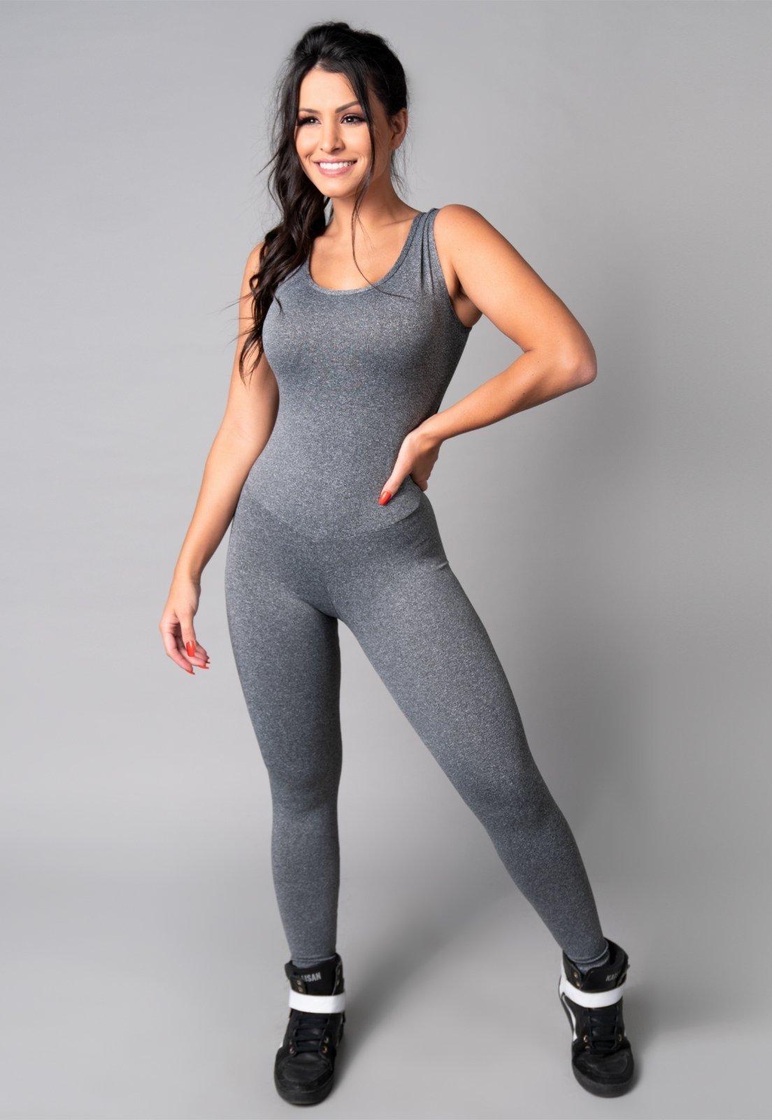 Macacão Longo MVB Modas Costa Nua Fitness Suplex Estampado Cinza
