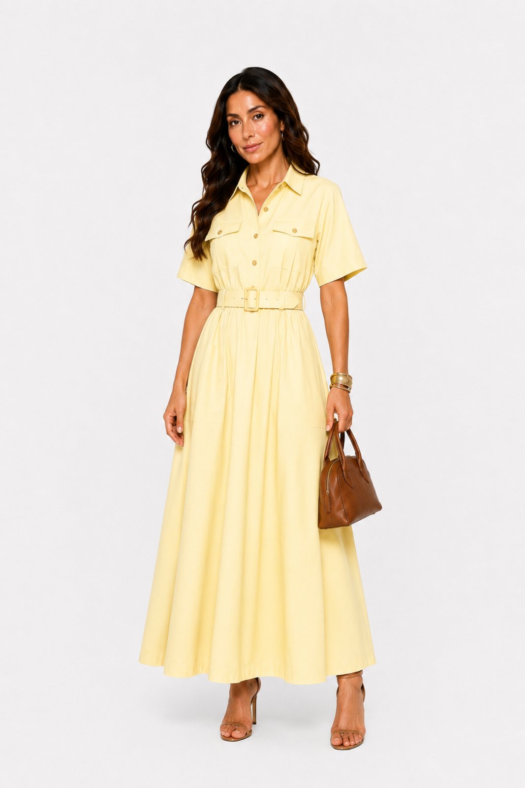 Vestido D Bell Outlet Fashion longo Gola Amarelo Claro