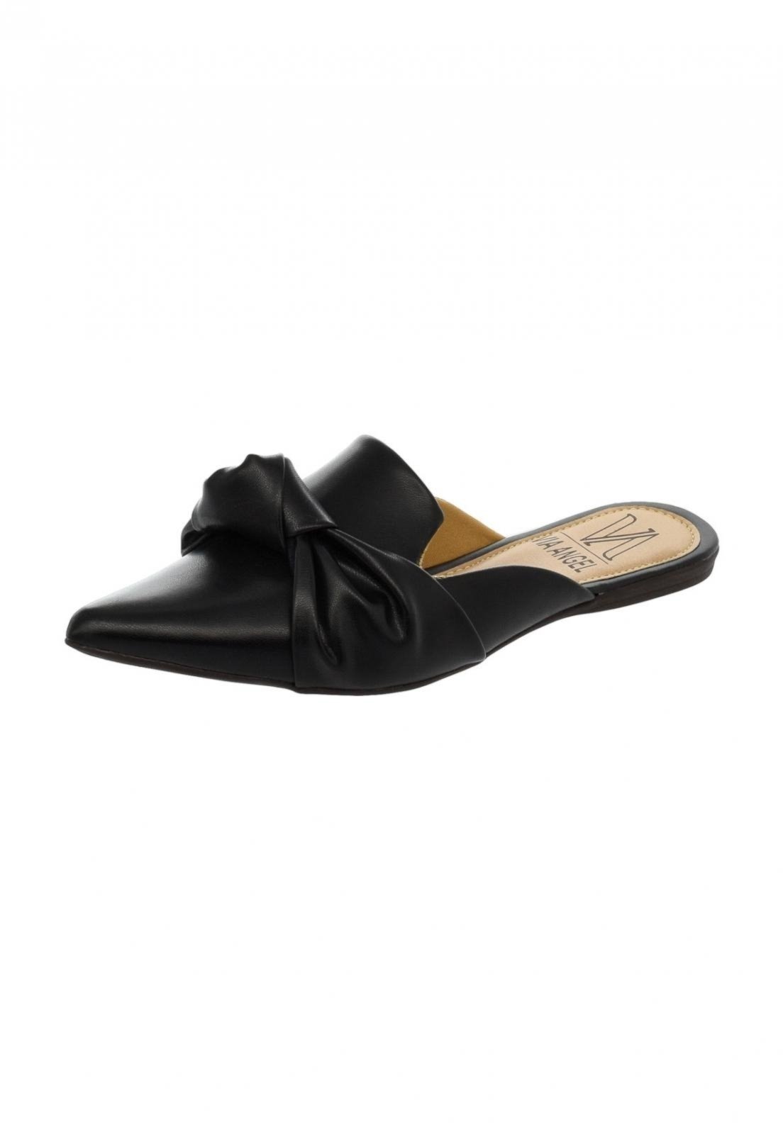 Mule Feminino Sapatilha Bico Fino Laço Nó Confortável Via Angel 1903 Preto