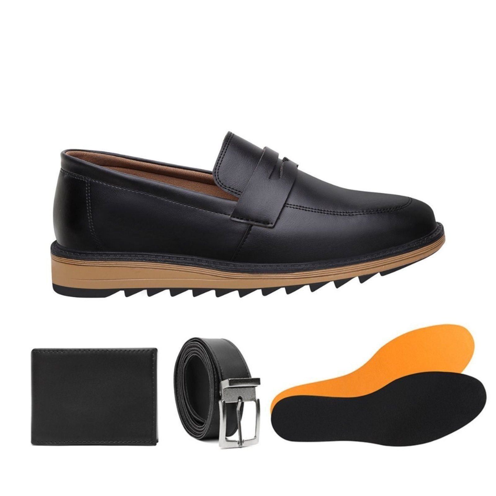 Kit Sapato Masculino Casual Veritimo Mocassim Oxford Brogue Conforto Cinto e Carteira Preto