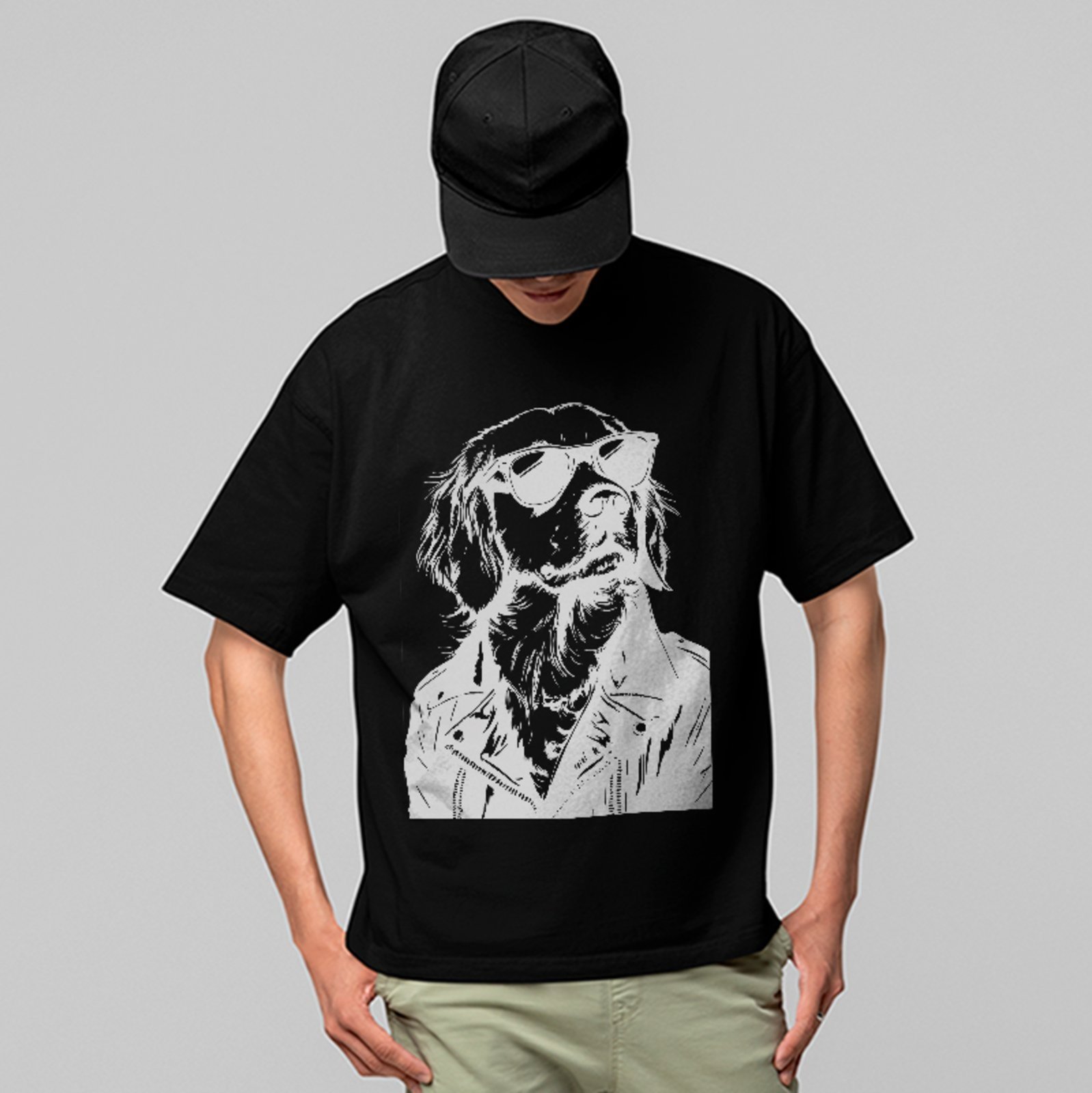 Camiseta Oversized Cachorro Estiloso Óculos Streetwear Preto