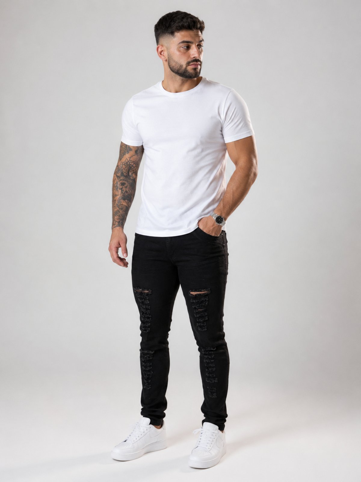 Calça Jeans Masculina Preta Skinny Destroyed Rasgada Premium com Elastano Purple Jeans Estilo Urbano Casual Confortável