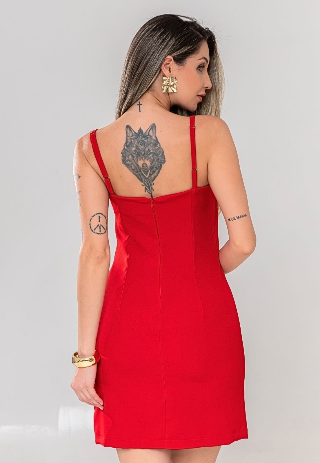 Vista 3 Vestido Curto Liso Casual Chique Alça Reguladora Moda Verão Cor Docce Mulher vermelho Docce Mulher vermelho