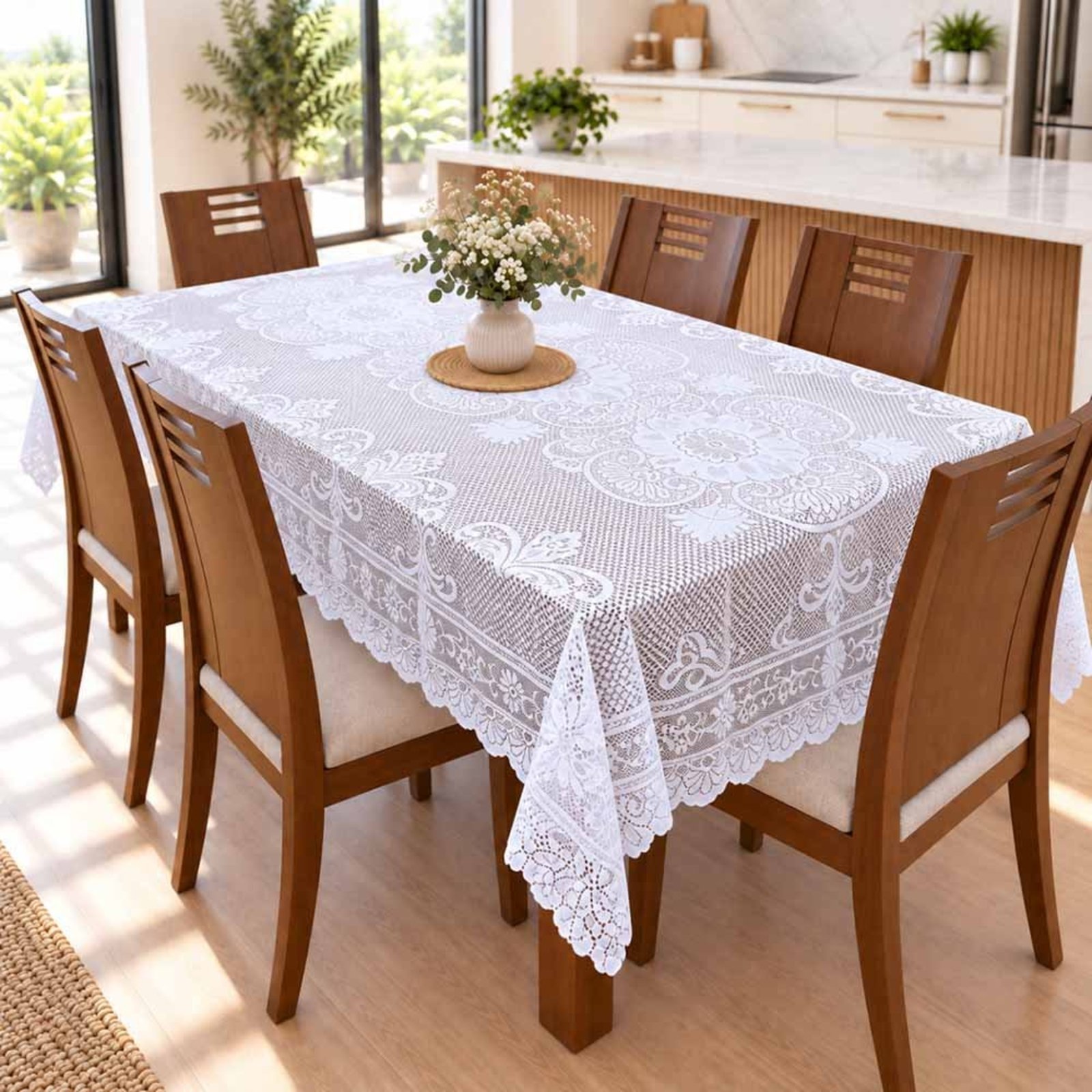 Toalha De Mesa Renda 1,50m x 2,30m Para Mesa 6 Lugares Fácil de Limpar Branco