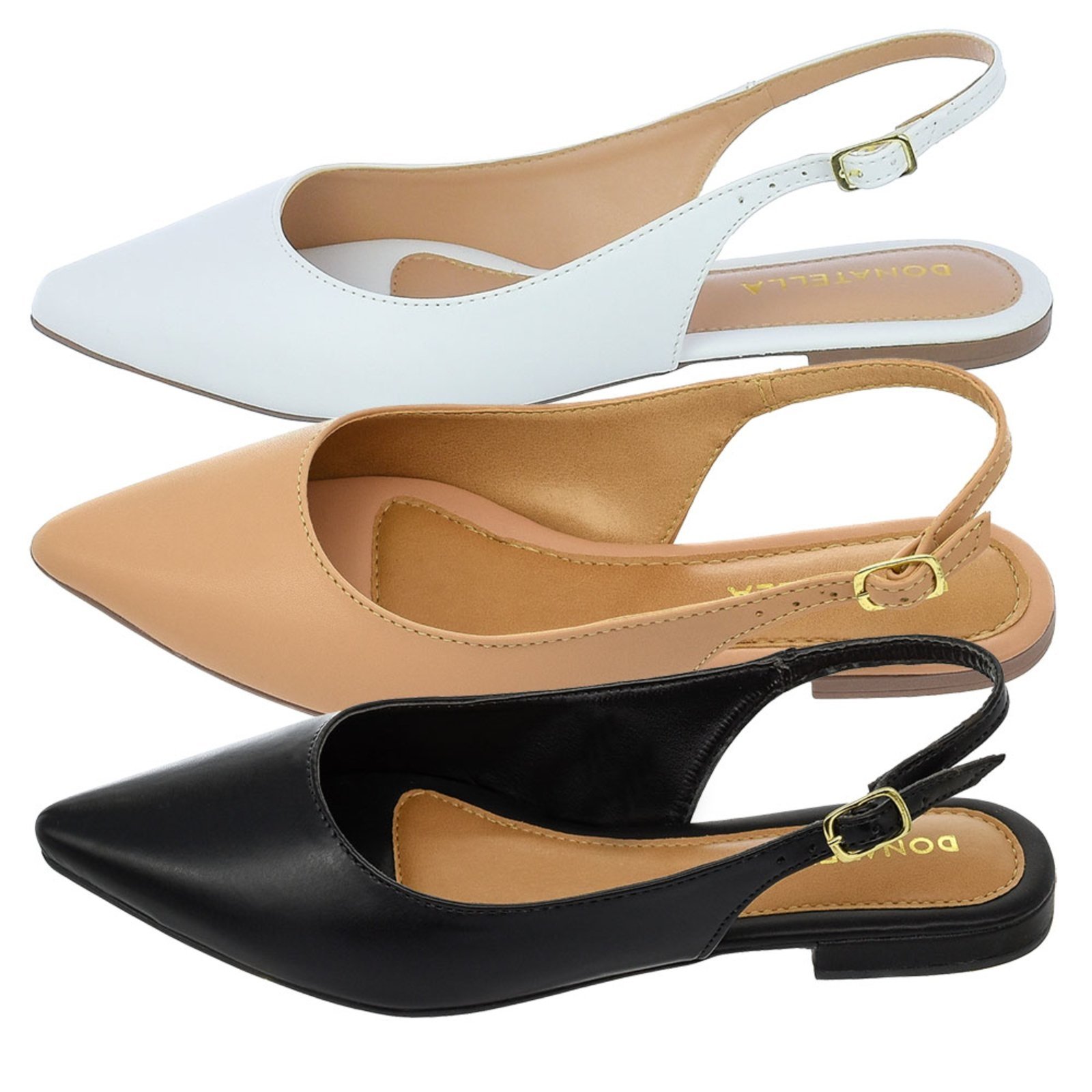 Kit 3 Pares Mule Feminino Sapatilha Bico Fino Donatella Shoes Rasteira Slingback Nó Lisa Clássica Preto, Branco e Nude