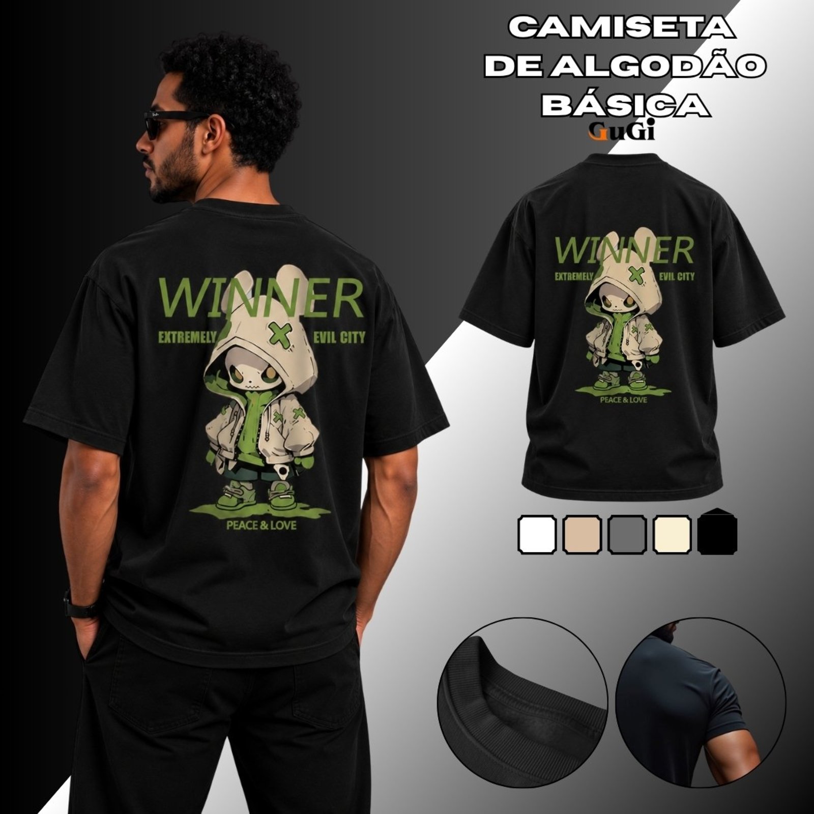 Camiseta Masculina Winner Peace & Love Coelho 100% Algodão 30.1 Preto