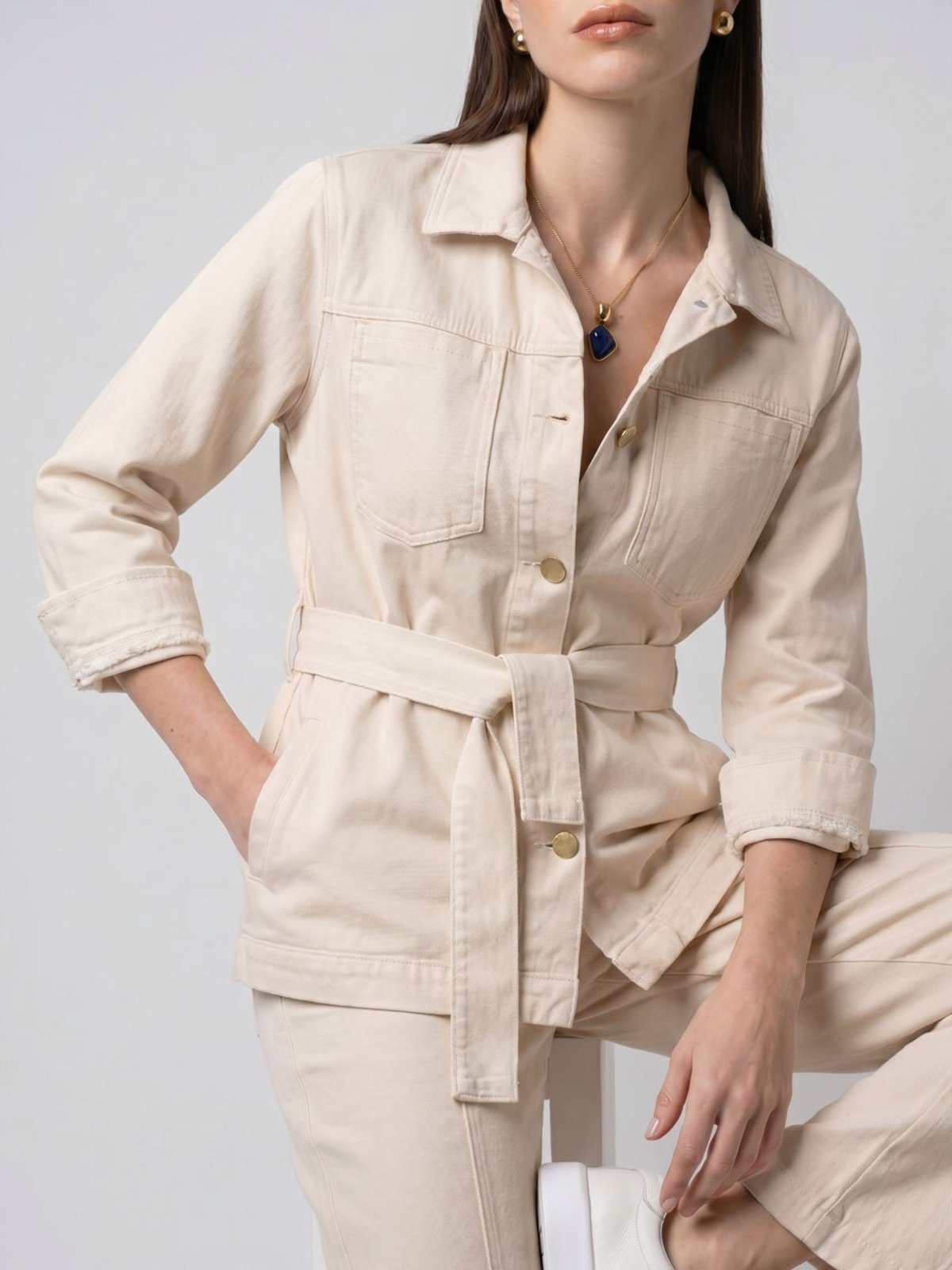 Parka com Bolsos em Sarja Off White Nola