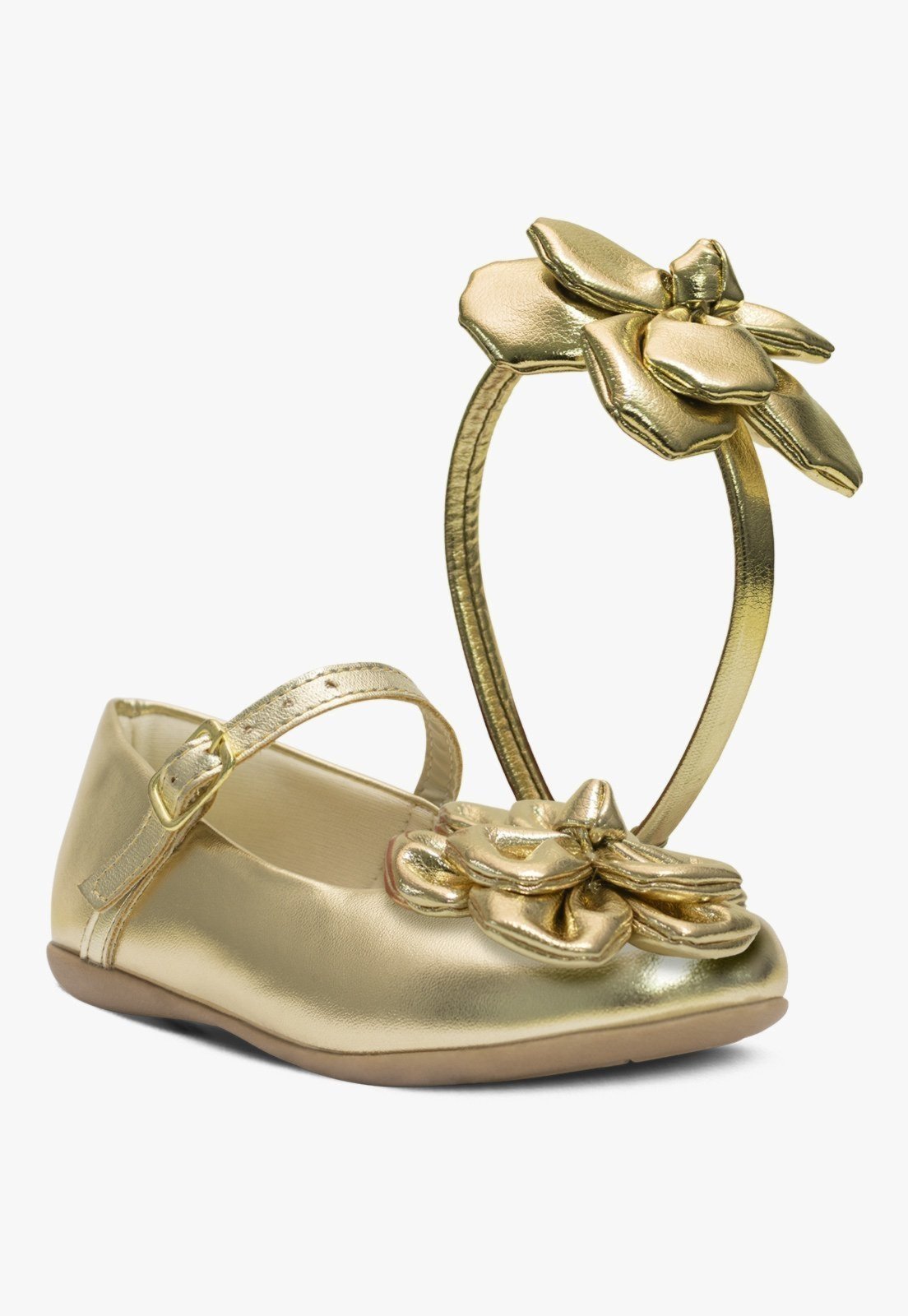 Vista 2 Infantil - Kit Tiara e Sapatilha Rasteira Feminina Pópidi Petala Flor dourado Pópidí dourado