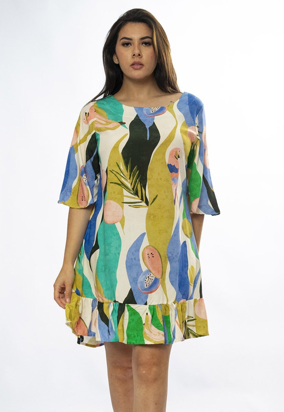 Vista 3 Vestido Amazonia Vital Curto Viscose Estampa Selva Urbana Amazonia Vital azul/estampado/rosa