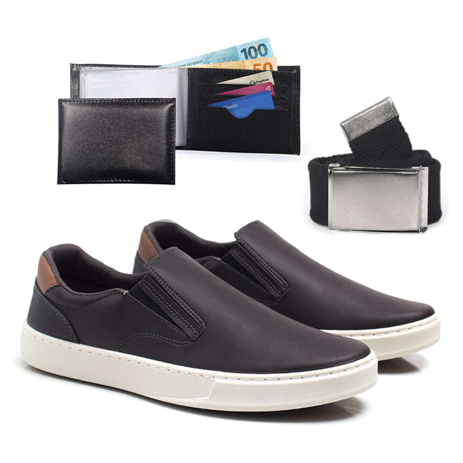 Tenis Casual Masculino Slip On Com Carteira E Cinto Confortavel Bredeni Sapatenis Dia A Dia Iate Marrom