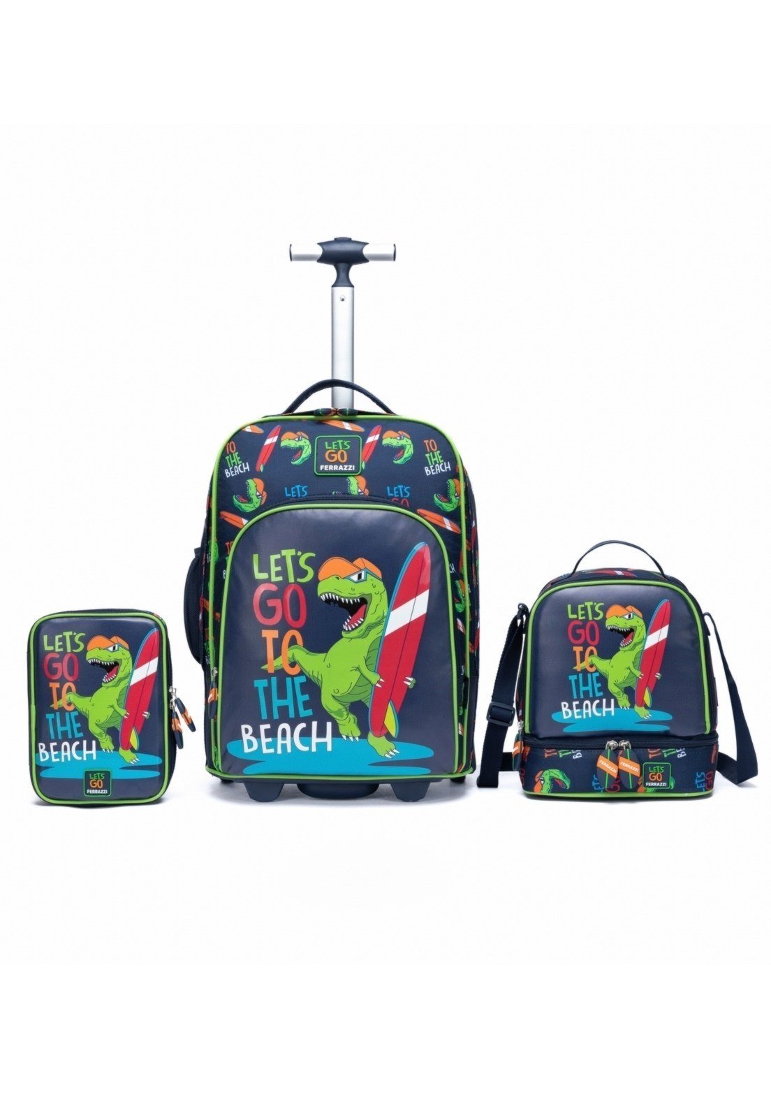 Infantil - Kit Mochila de Rodinhas Lancheira Estojo Reforçada Espaçosa Ferrazzi