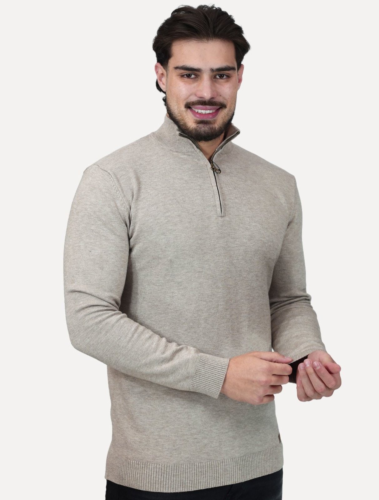 Tricô Dixen Manga Longa com Ziper Frontal Cinza Latte