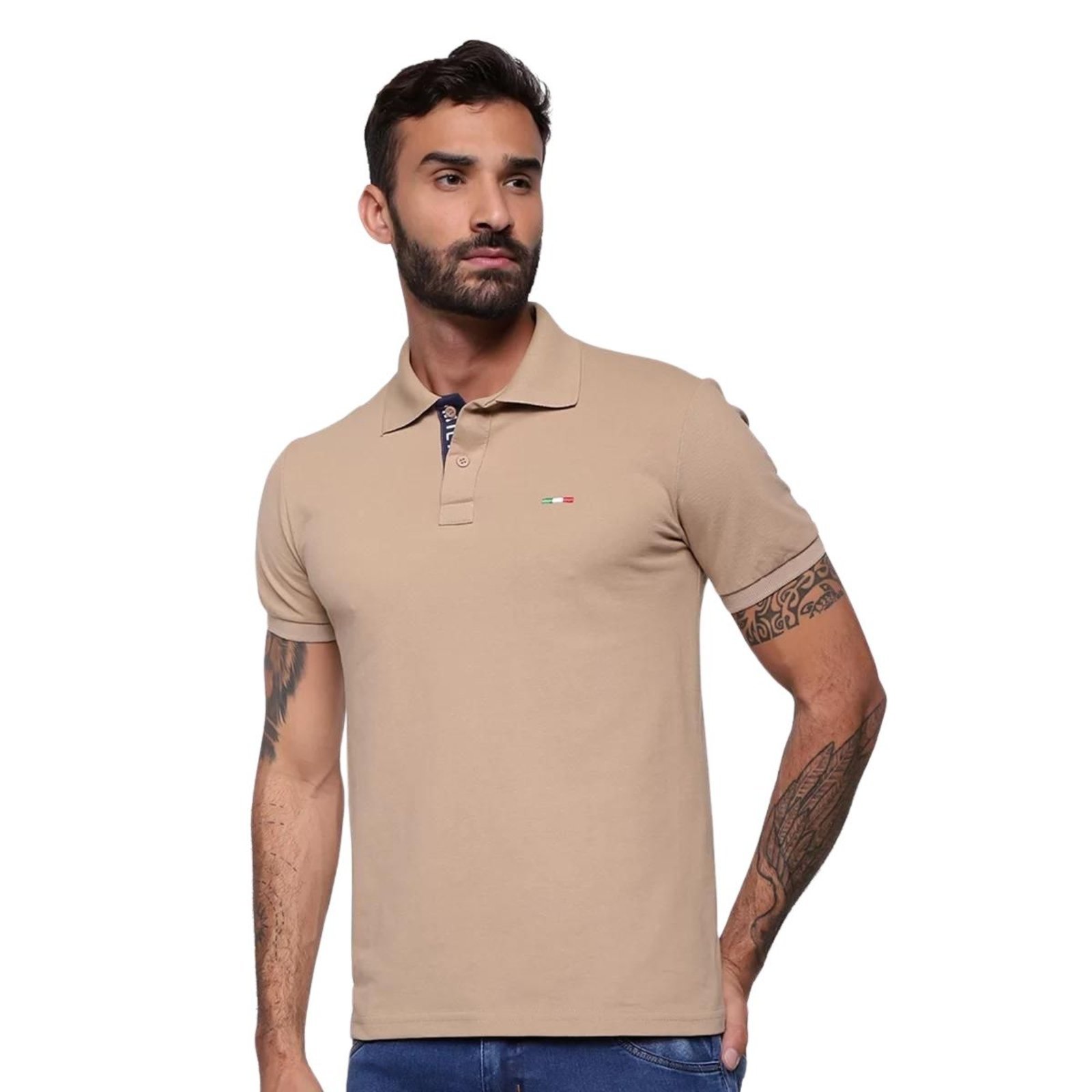 Camisa Polo FMF Masculina Básica Industrie Piquet no Estilo Tommy Bordado Itália Bege